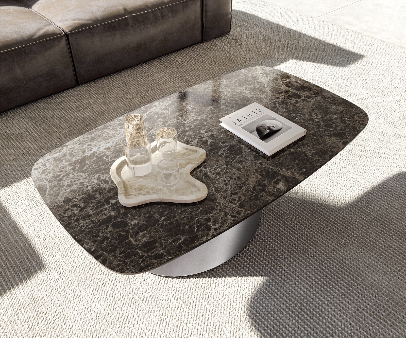 Масичка за кафе Edge Boot 120x70 cm керамика Laminam® Emperador Extra Lucidato Тъмно кафяво Conis матирана неръждаема стомана 3