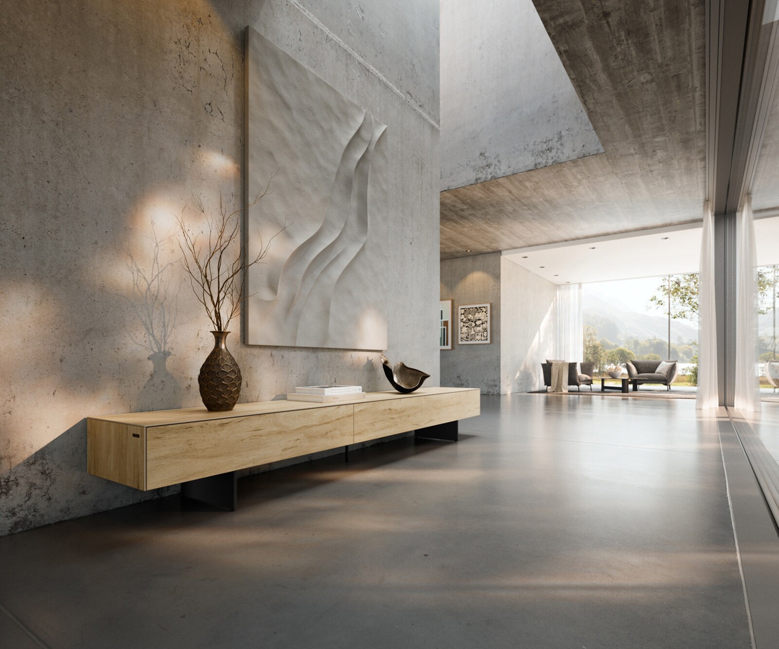 ТВ шкаф Cuor 250 см Керамика Laminam® Sabbia Дъбов цвят 1 врата 1 чекмедже Основа Метал Черен 1