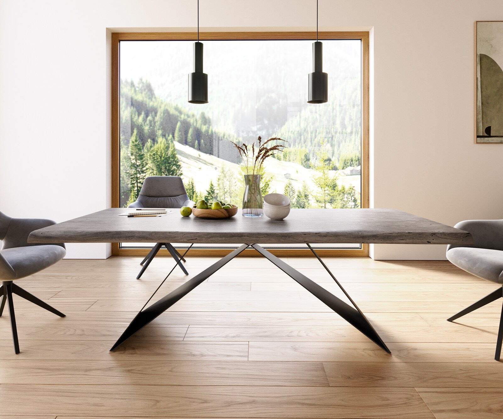 Трапезна маса Edge 220x100 XL от акация, цвят „Платина“, V-образна рамка от плоска стомана, черна, с естествени ръбове 1