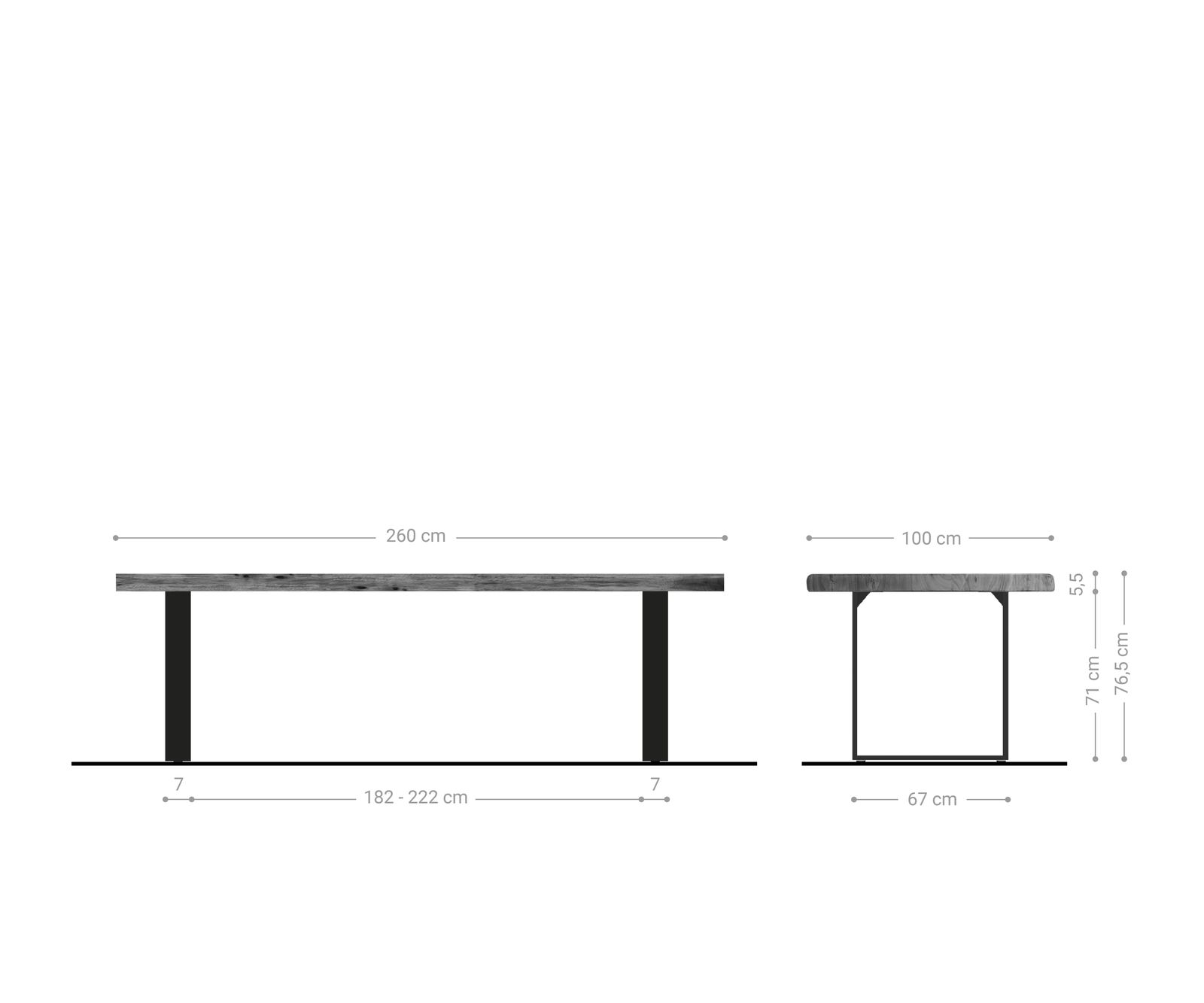 Трапезна маса Edge 260x100 XL от акация, платинен цвят, черни крака, с естествени ръбове 6