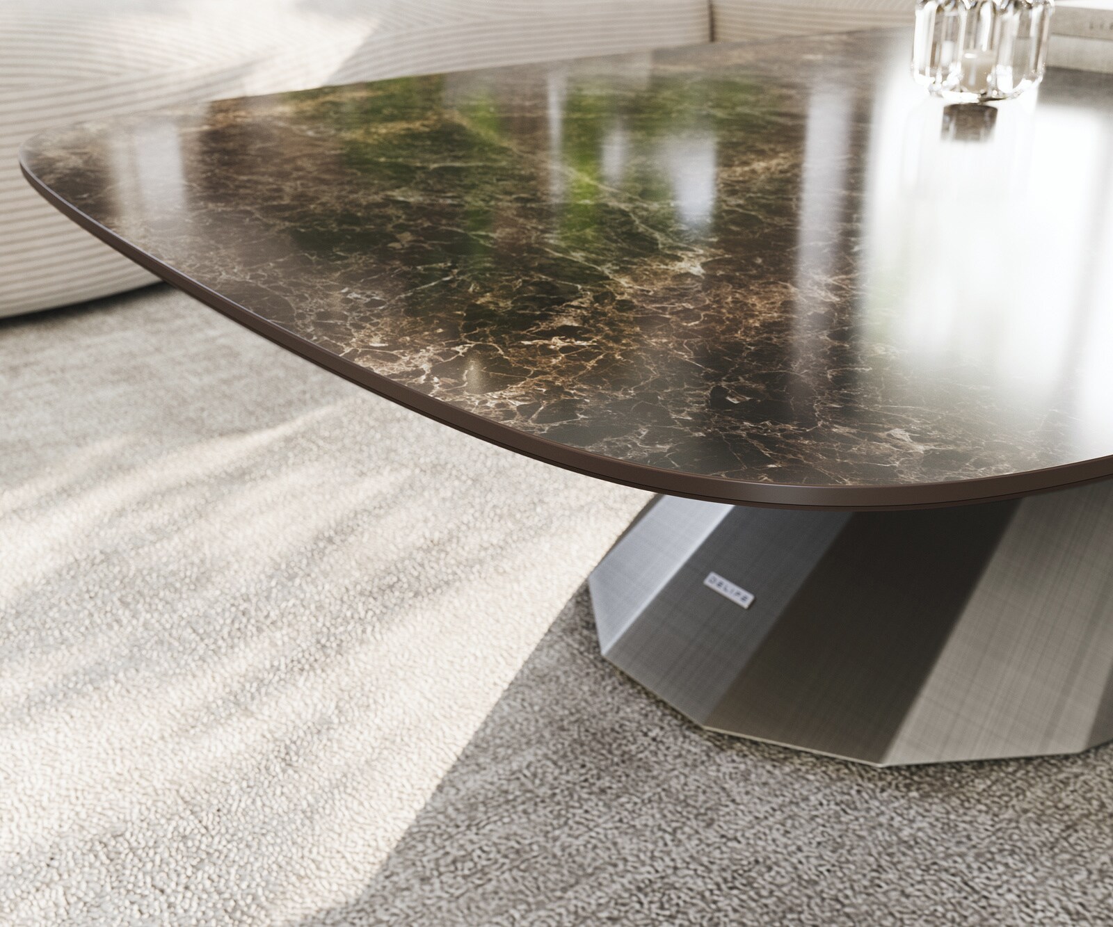 Масичка за кафе Edge Boot 140x80 cm керамика Laminam® Emperador Extra Lucidato Тъмно кафяво Parabi Сребрист металик 6