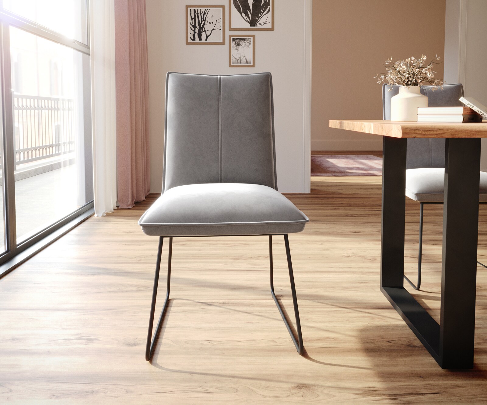 Трапезен стол Кадифе Сив Извити крака Черен  Покет пружина Lelio-Flex 2