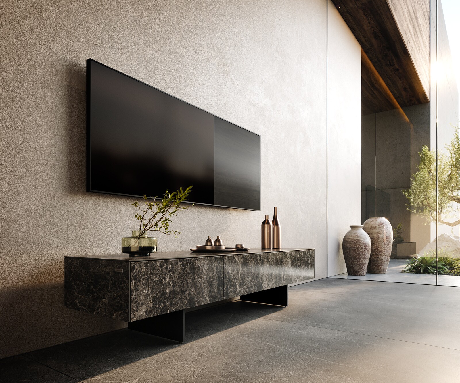 ТВ шкаф Cuor 150 см Керамика Laminam® Emperador Extra Lucidato Тъмно-кафяво 1 врата 1 чекмедже Основа Метал Черен
