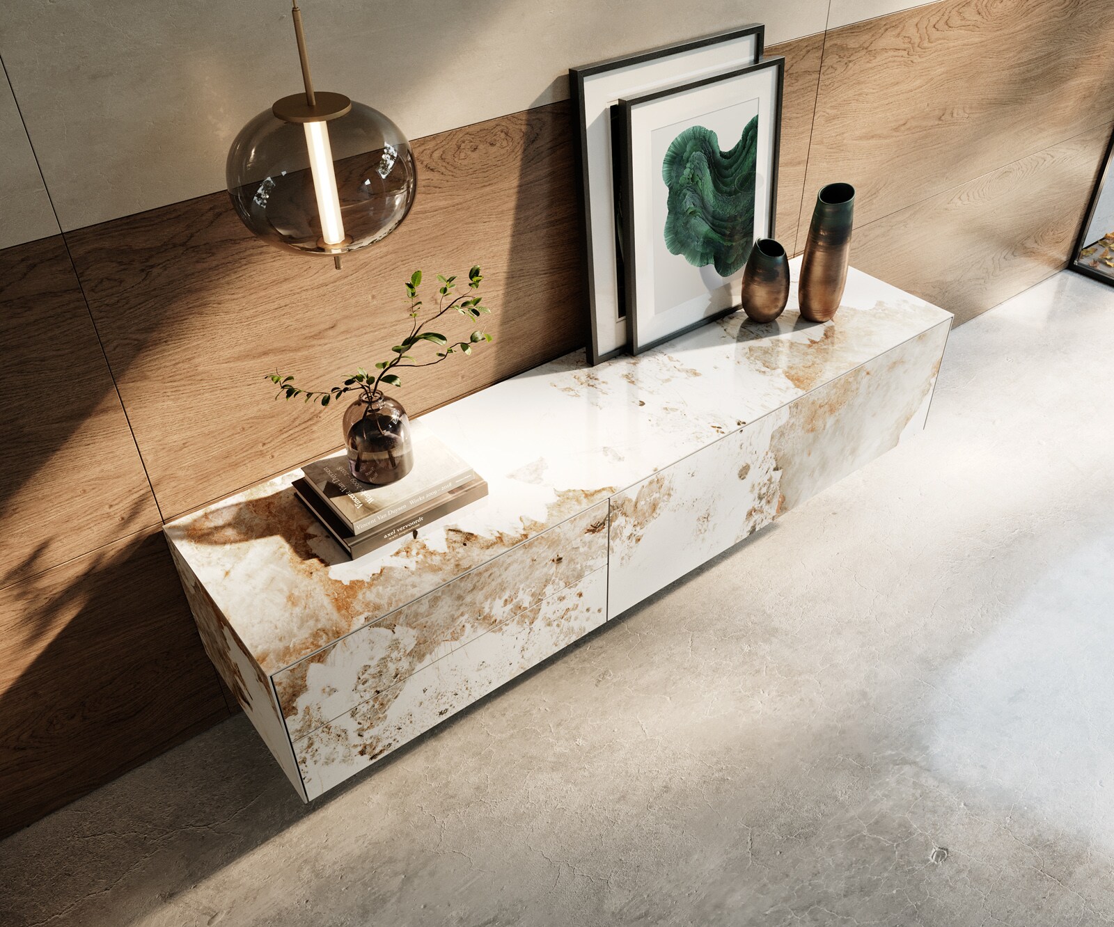 Нисък плот Cuor 180 cm керамика Minas Melange бяло-бежово 1 клапа 2 чекмеджета плаващи 4