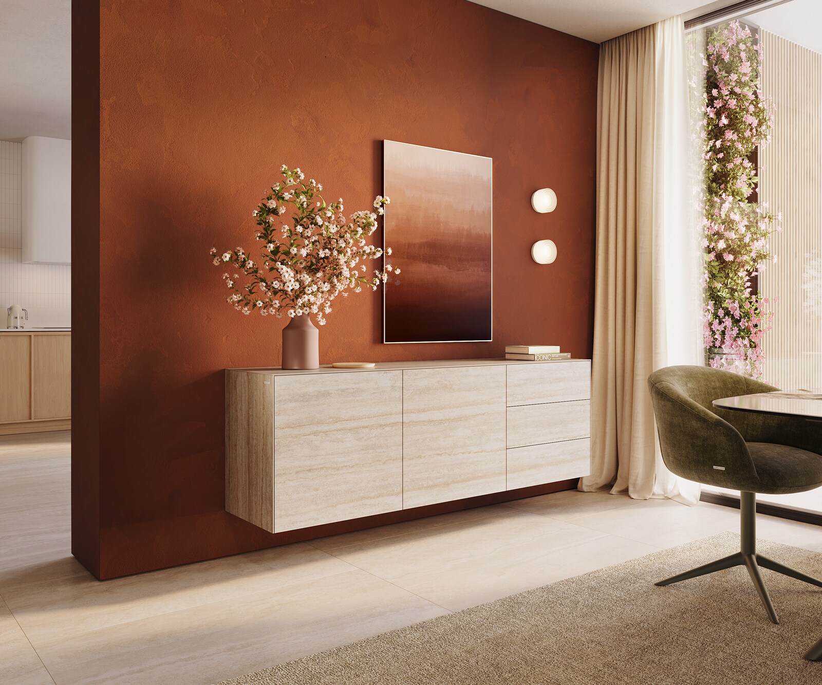 Стенен Бюфет Cuor 180 см Керамика Laminam® Travertino Bianco Кремаво-бяло 2 врати 3 чекмеджета 