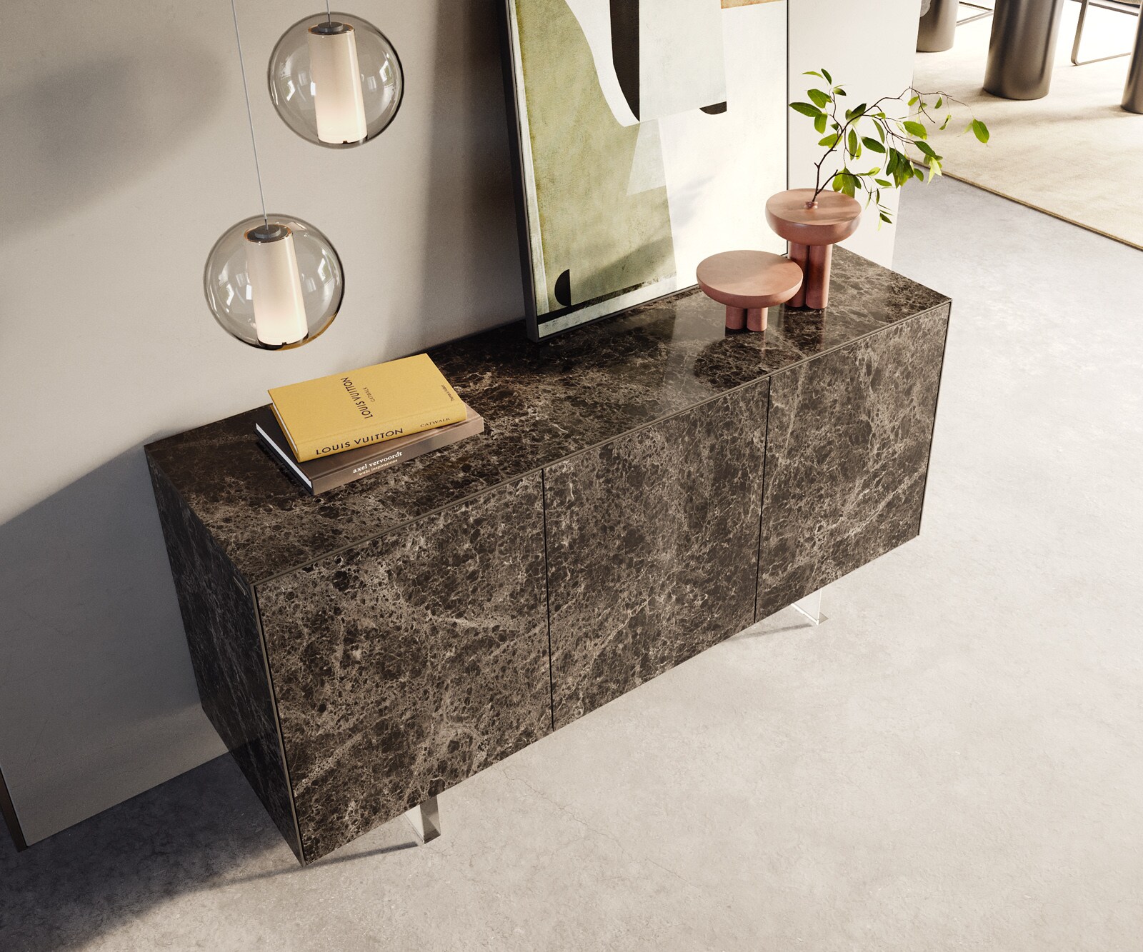 Бюфет Cuor 150 см Керамика Laminam® Emperador Extra Lucidato Тъмнокафяво 3 врати Осова акрилно стъкло 4