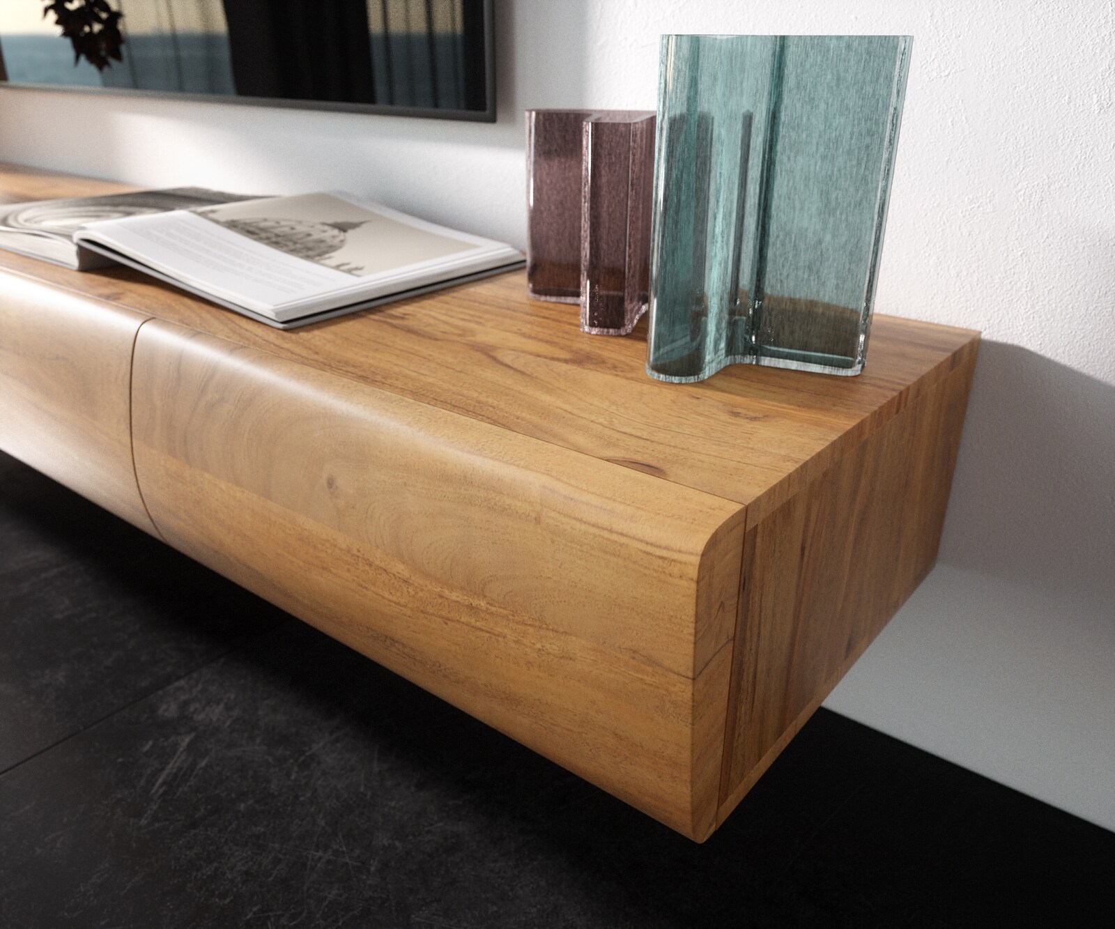 Ниска дъска New Live-Edge 240 cm Acacia natural 4 вратички 1 рафт Плъзгащ се метал черен 4