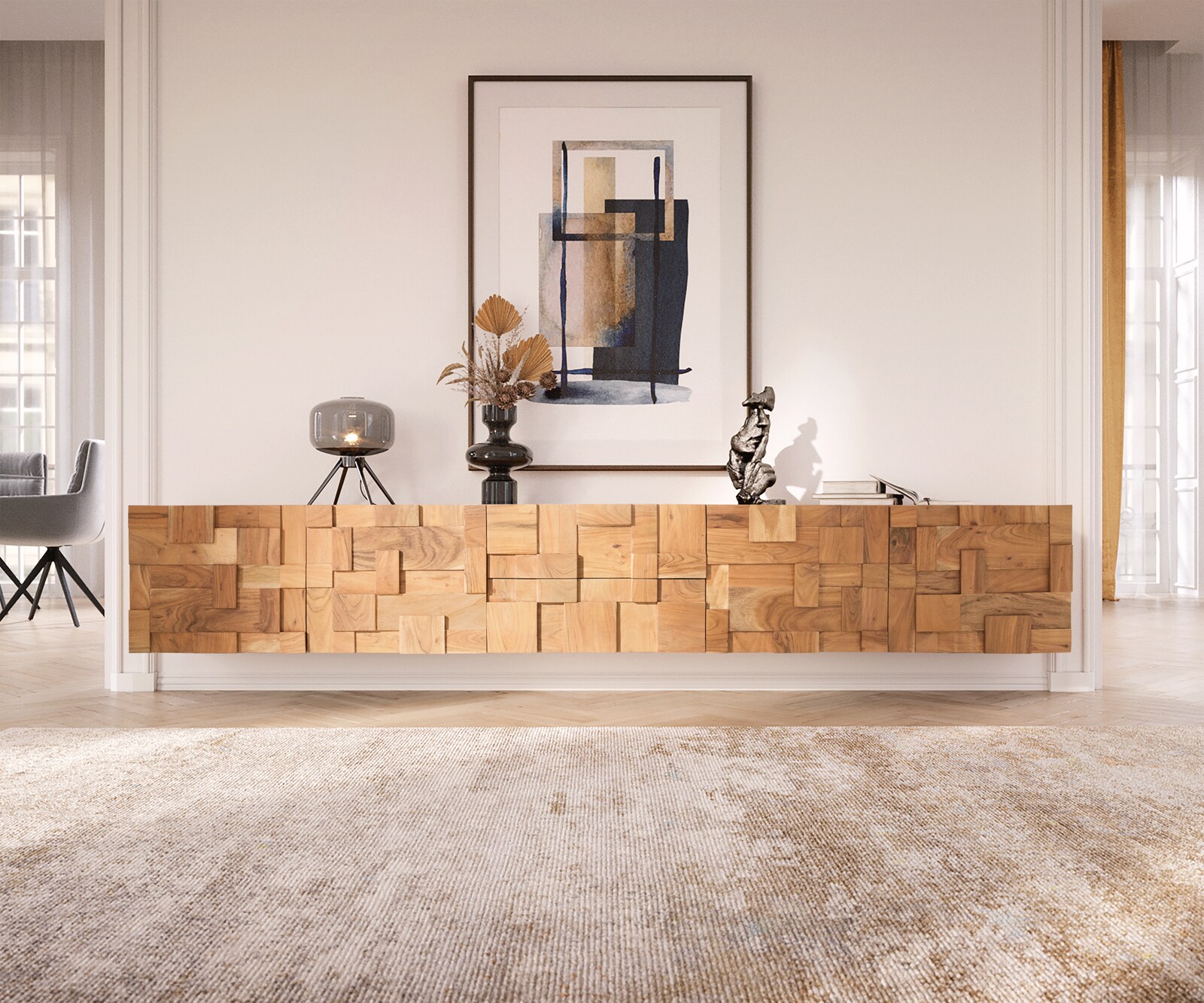 ТВ шкаф 260 cm 4 Врати 2 ЧекемеджеОтделения Акация Натурал висящ Puzzle 1 ТВ шкаф 260 cm 4 Врати 2 ЧекемеджеОтделения Акация Натурал висящ Puzzle 1