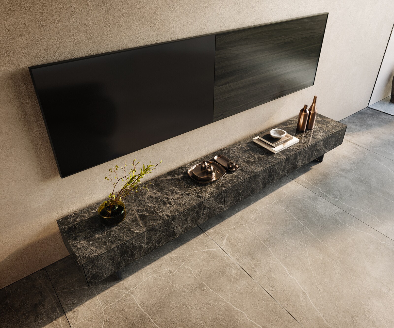 ТВ шкаф Cuor 250 см Керамика Laminam® Emperador Extra Lucidato Тъмно-кафяво 1 врата 1 чекмедже Основа Метал Черен 4