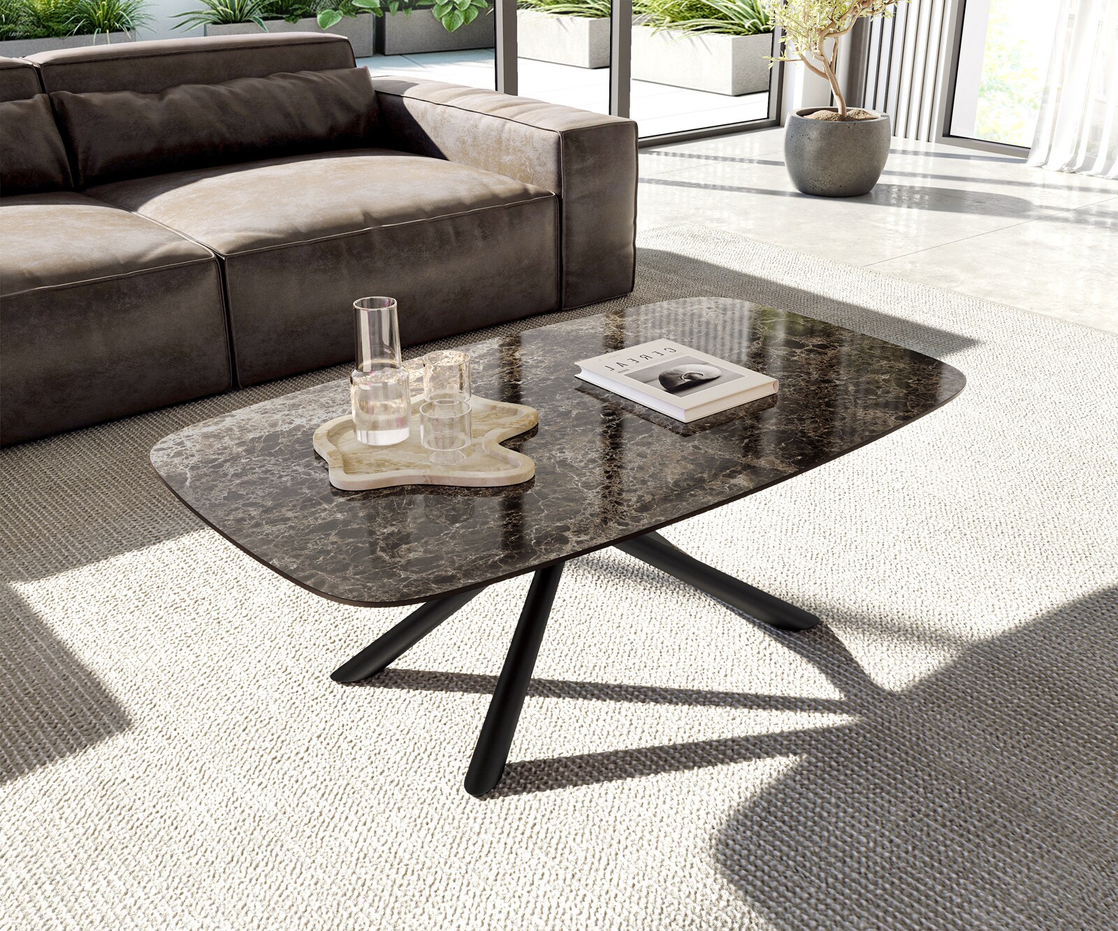 Масичка за кафе Edge Boot 120x70 cm керамика Laminam® Emperador Extra Lucidato Тъмно кафяво Sarity Metal Black