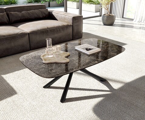 Масичка за кафе Edge Boot 120x70 cm керамика Laminam® Emperador Extra Lucidato Тъмно кафяво Sarity Metal Black