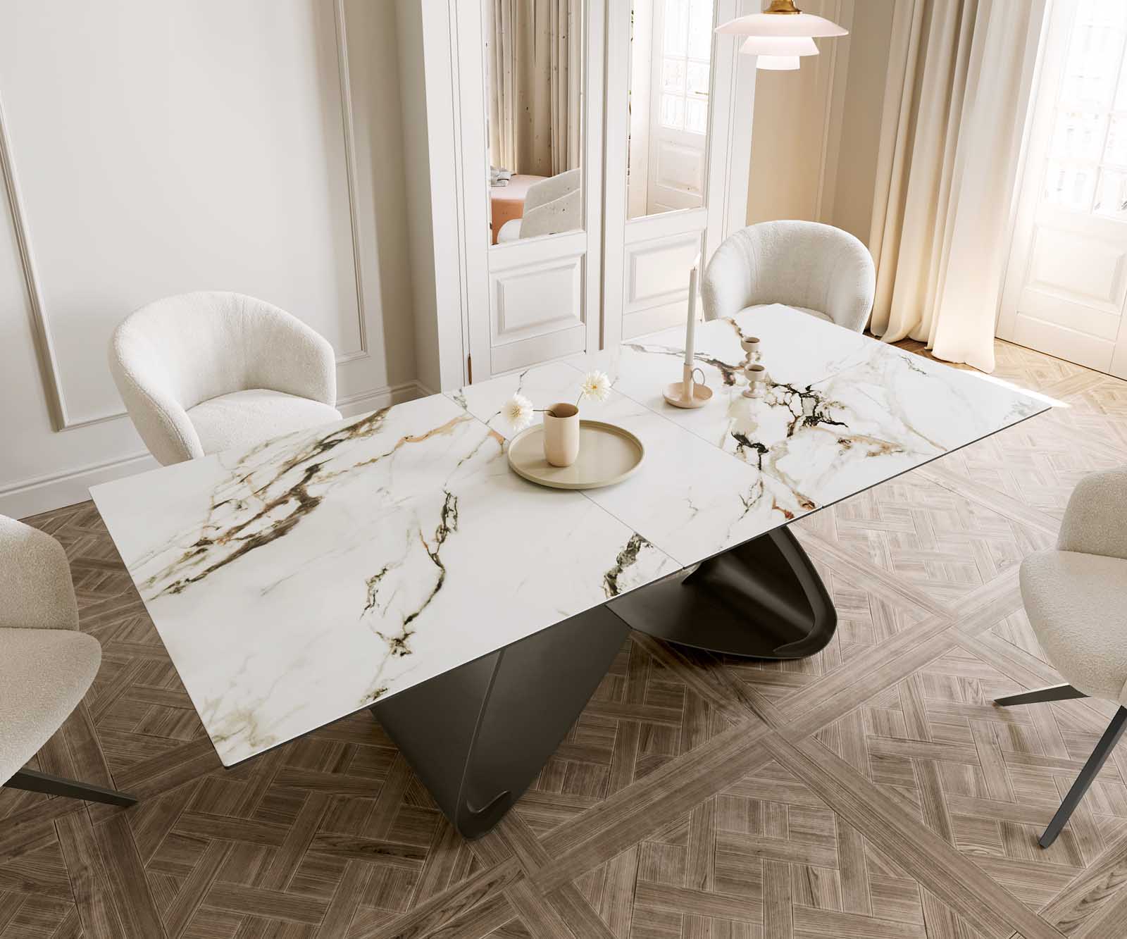 Разтегателна трапезна маса Edge 180-220х100 см Керамика Calacatta Luxe Бял-Злато-Сив W-образна основа Титаниев цвят 6