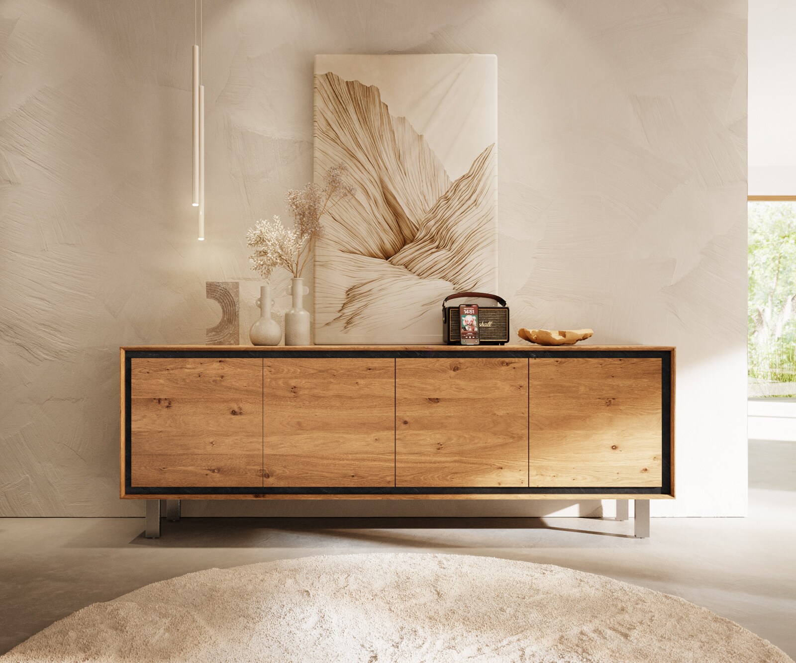 Шкаф Stonegrace 200 cm естествен дъб 4 врати квадратна основа от неръждаема стомана 2