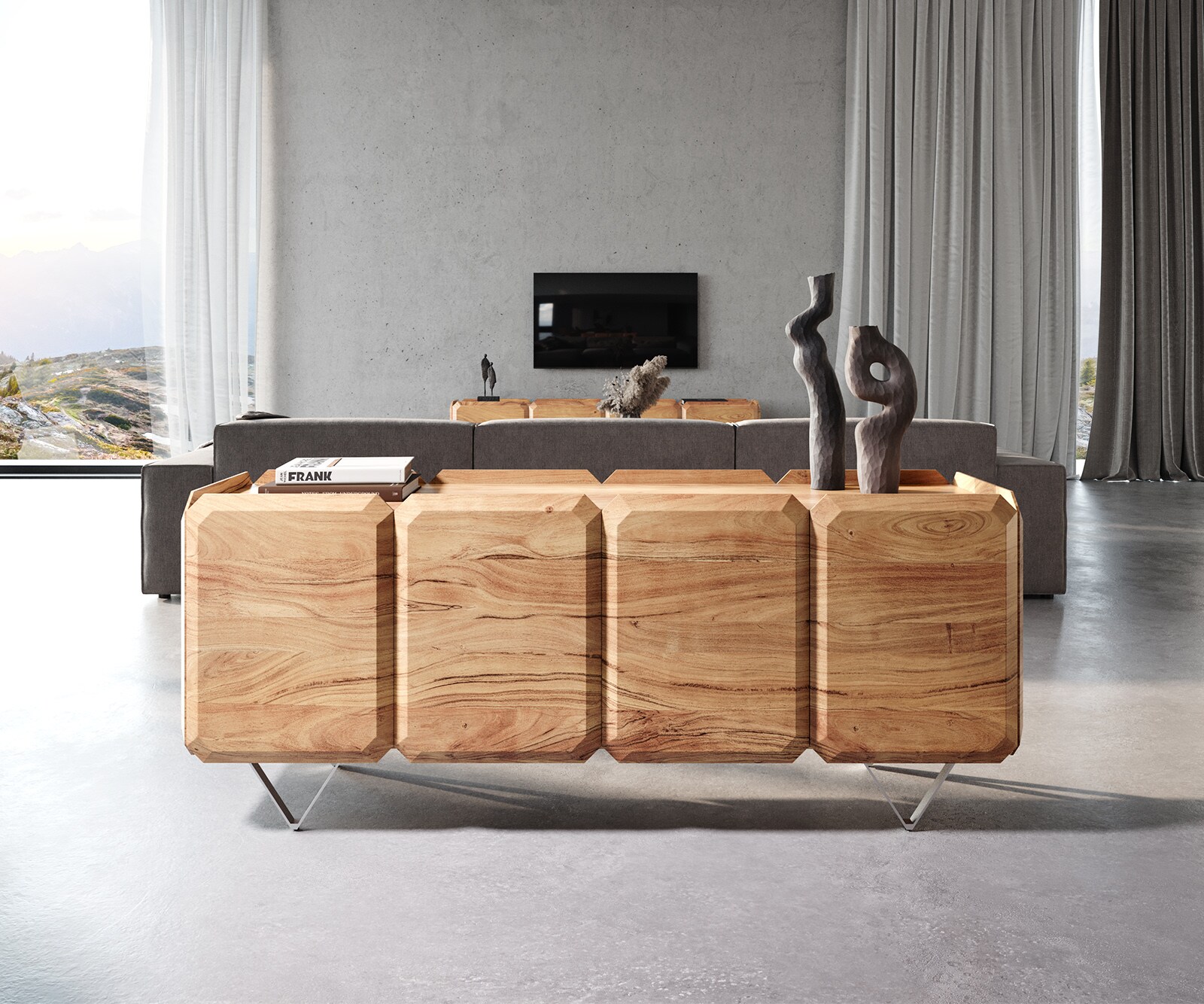 Шкаф Kiano 175 cm естествена акация 4 врати V-образен крак от неръждаема стомана Разделител за стая 2