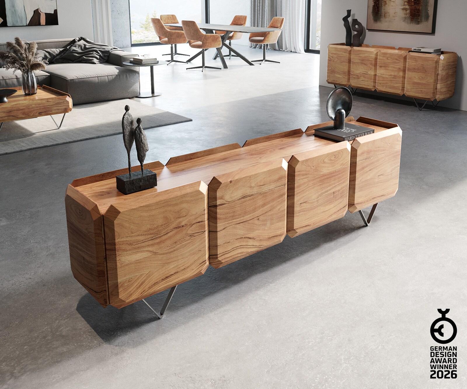 ТВ шкаф Kiano 200 cm естествена акация 4 врати V-образен разделител за стая от неръждаема стомана