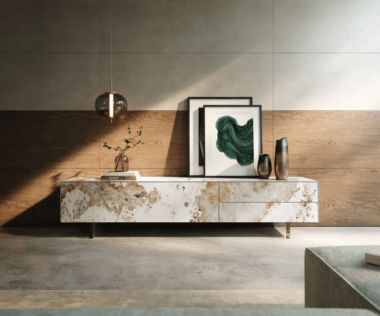 Ниска дъска Cuor 220 см Керамика Minas Melange Бяло-бежово 1 клапа 2 чекмеджета Основа Плаващ вид акрилно стъкло 2