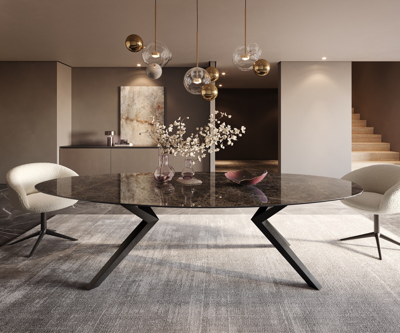 Трапезна маса Edge Oval 280x130, керамика Laminam „®“, Emperador Extra Lucidato, тъмнокафяво, Zenthara, с остри ръбове, метал, черно 1