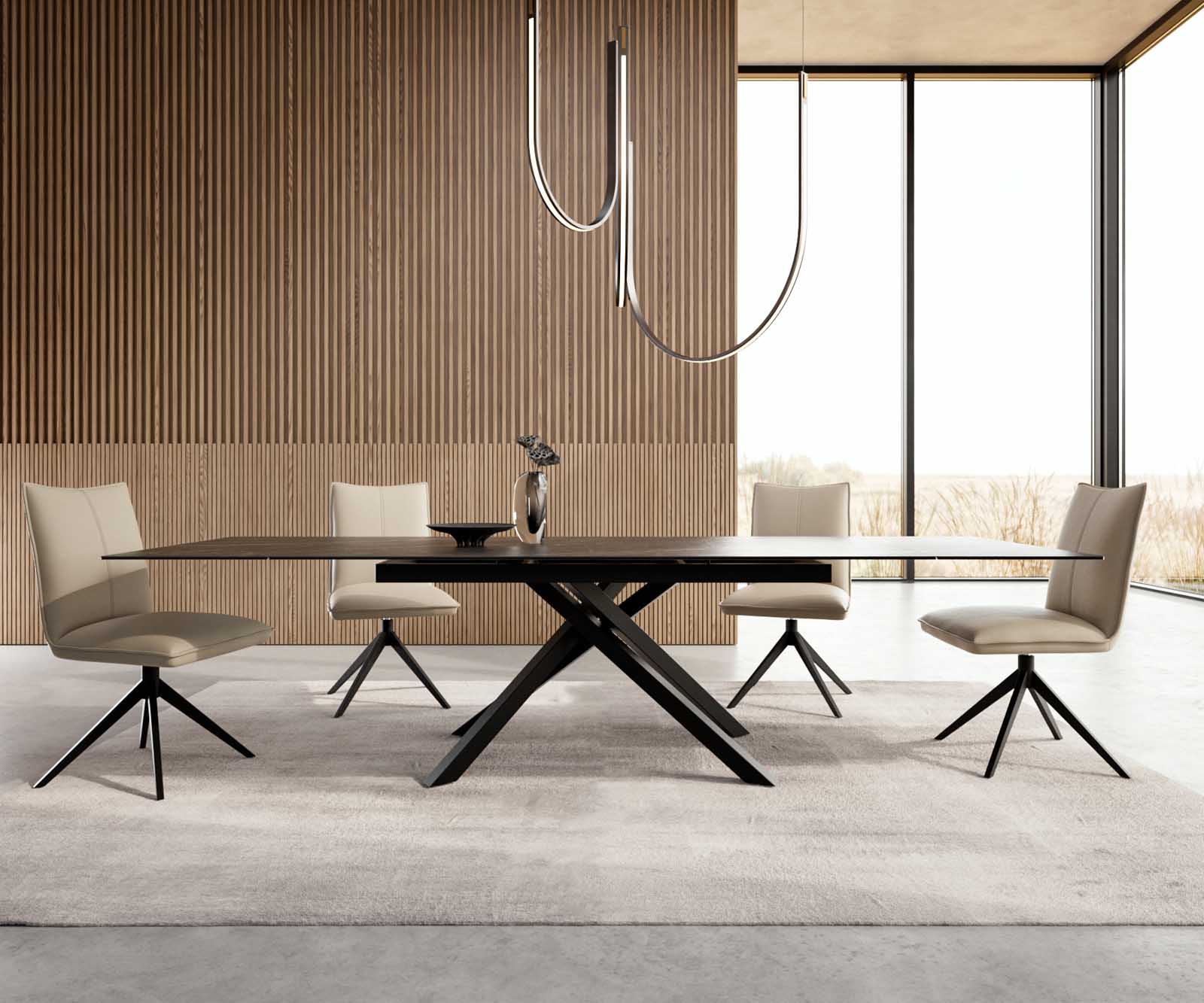 Разтегателна трапезна маса Edge 200-300х100 см Керамика Laminam®Noir Desir Тъмнокафяв Кръсртовидна основа Черен 1