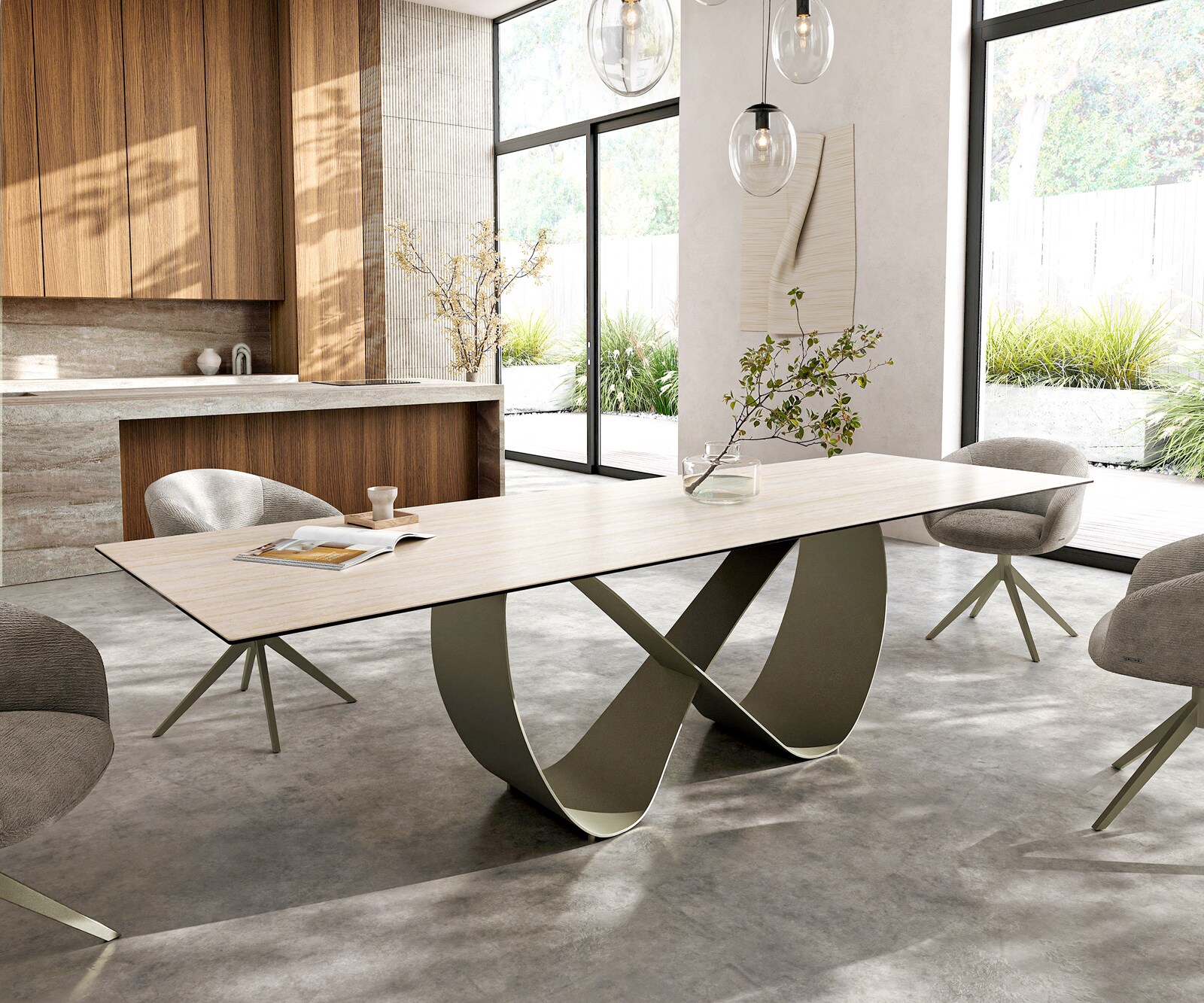 Трапезна маса Edge 300x100, керамика Laminam „®“, Travertino Bianco, кремаво-бяла, Infinity, метално покритие с ефект „Титан“ 1
