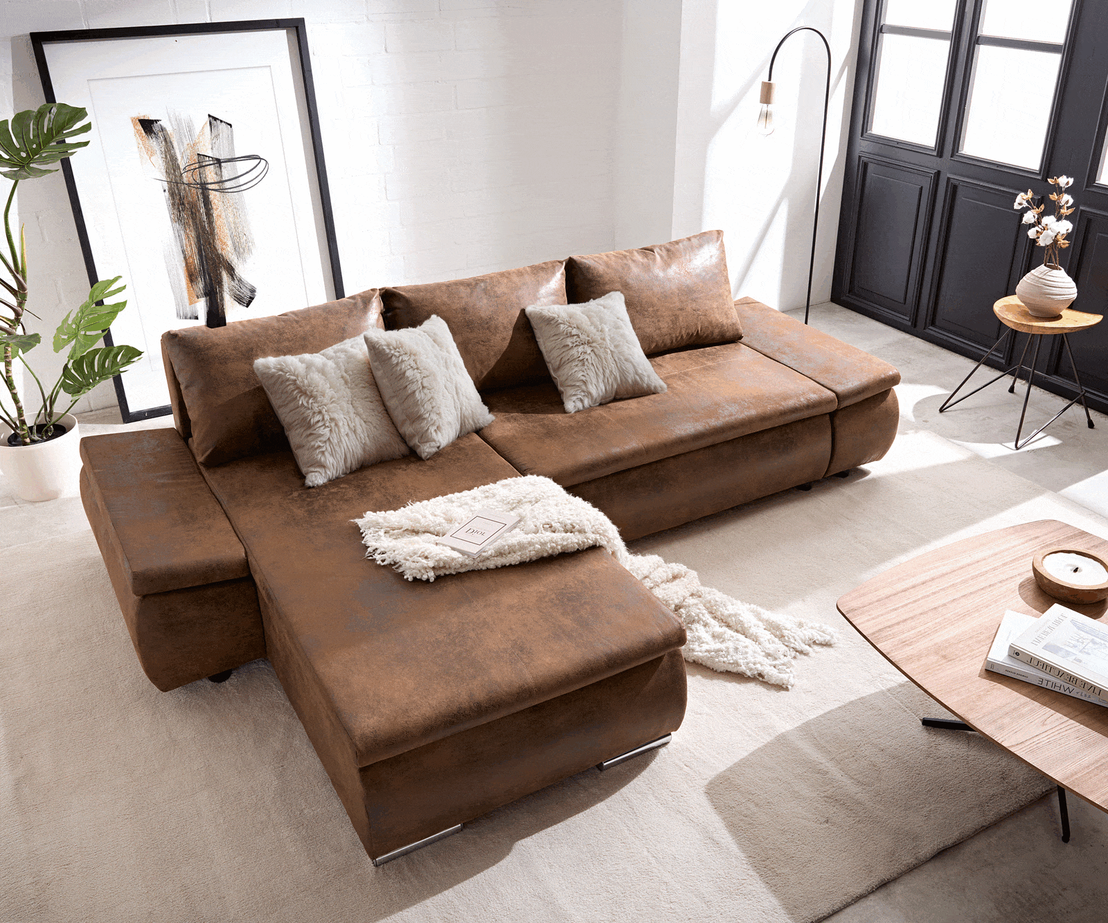 Ъглов диван Abilene 260x175 cm Кафяв Османски вариатор с функция за сън 5