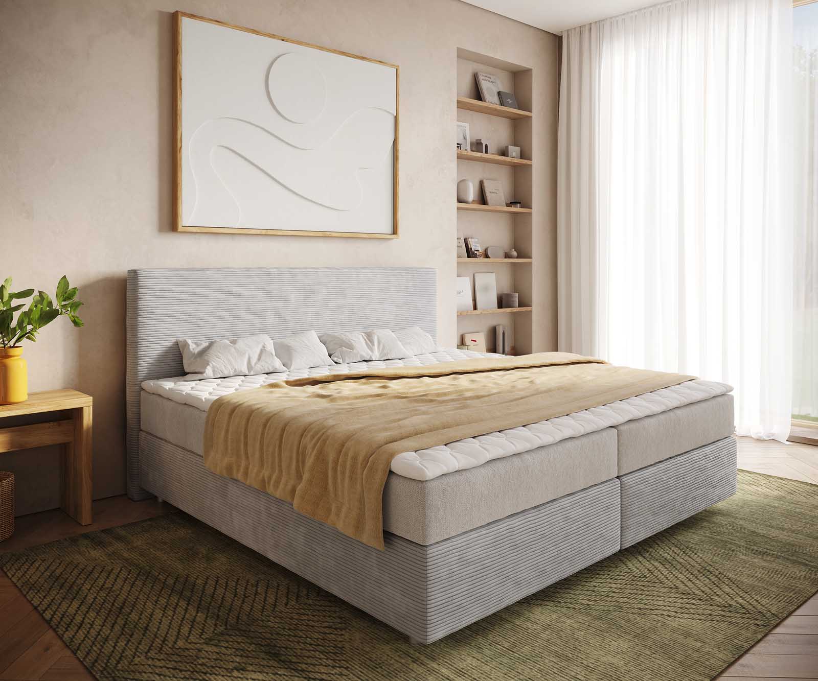 Boxspring легло Dream-Well Cord сребристо сиво 200x200 cm с джобен пружинен матрак и топер Visco