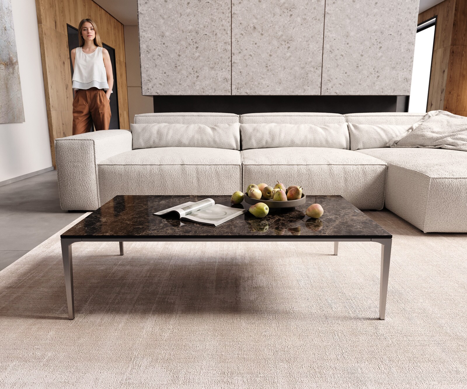 Масичка за кафе Levente 110x60 cm Керамичен ламинат®Emperador Extra Lucidato Тъмно кафяво Рамка от неръждаема стомана сребро 1