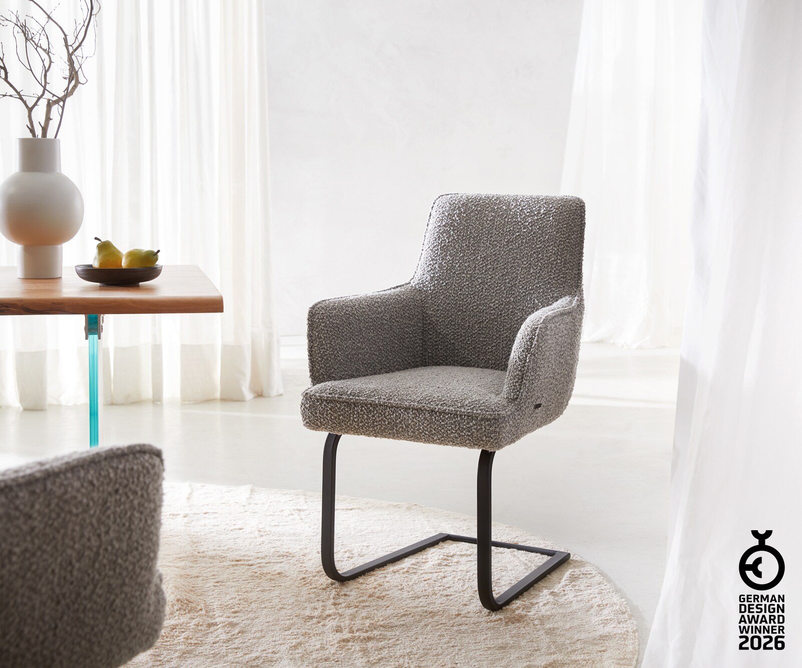 Люлеещ стол с подлакътници Букле Сребристо сив Конзолен крак плосък Черен Покет пружина Heira-Flex