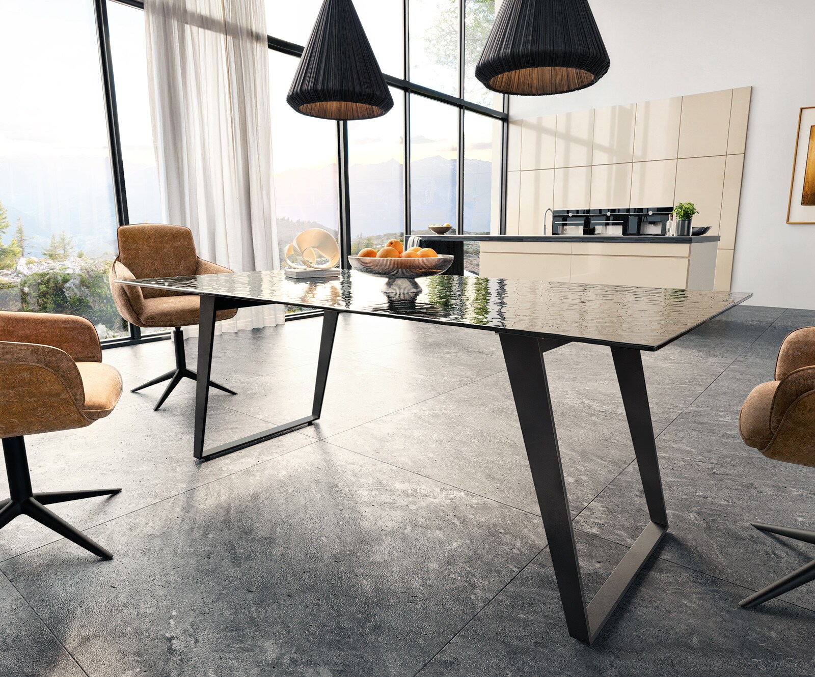 Трапезна маса Edge 200x100 релефно стъкло, опушено черно 3D дизайн метален ъгъл черен 3