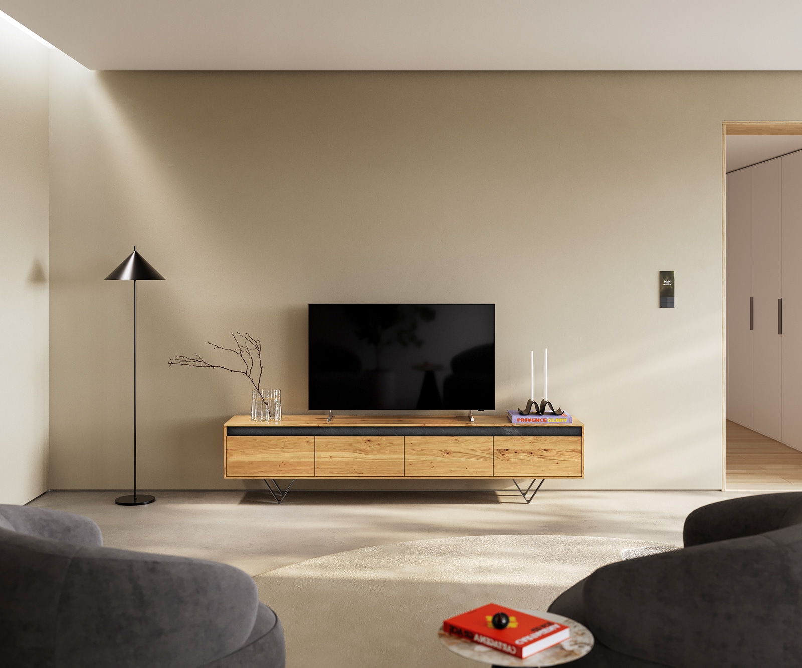 ТВ шкаф Stonegrace 200 cm естествен дъб шисти 4 чекмеджета V-образна основа метал черен 2