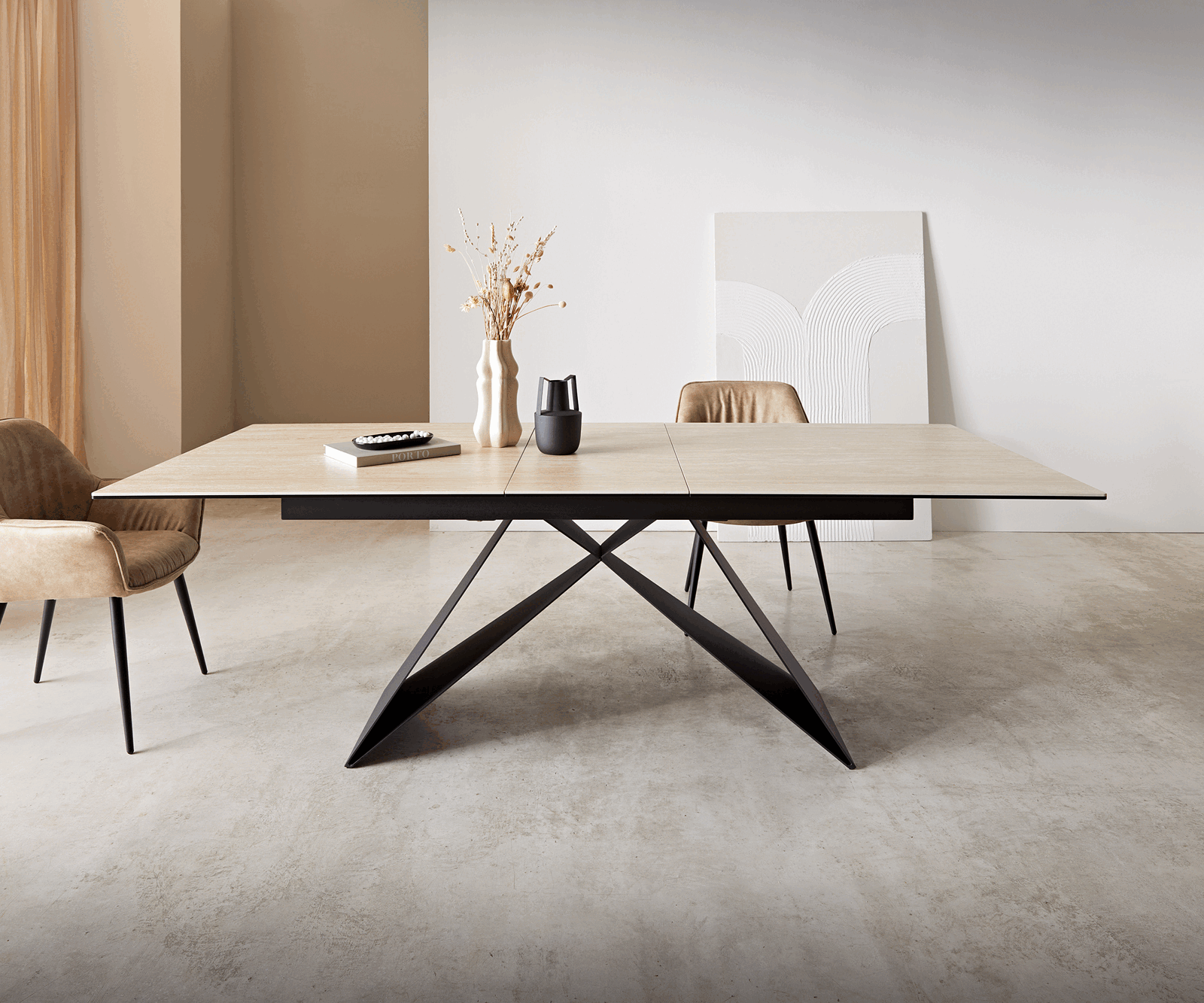 Маса 180-220x100 Keramik Travertin Натурал V-Рамка плоска стомана Черен разтегателна Edge 2