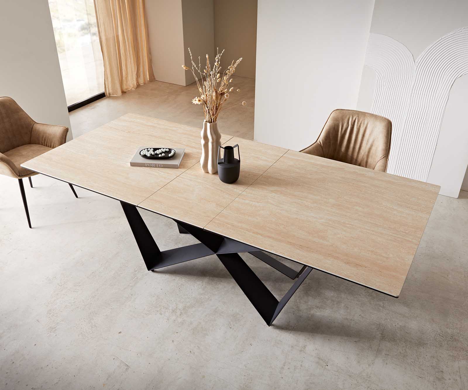 Маса 180-220x100 Keramik Travertin Натурал Spider плоска стомана Черен разтегателна Edge 5