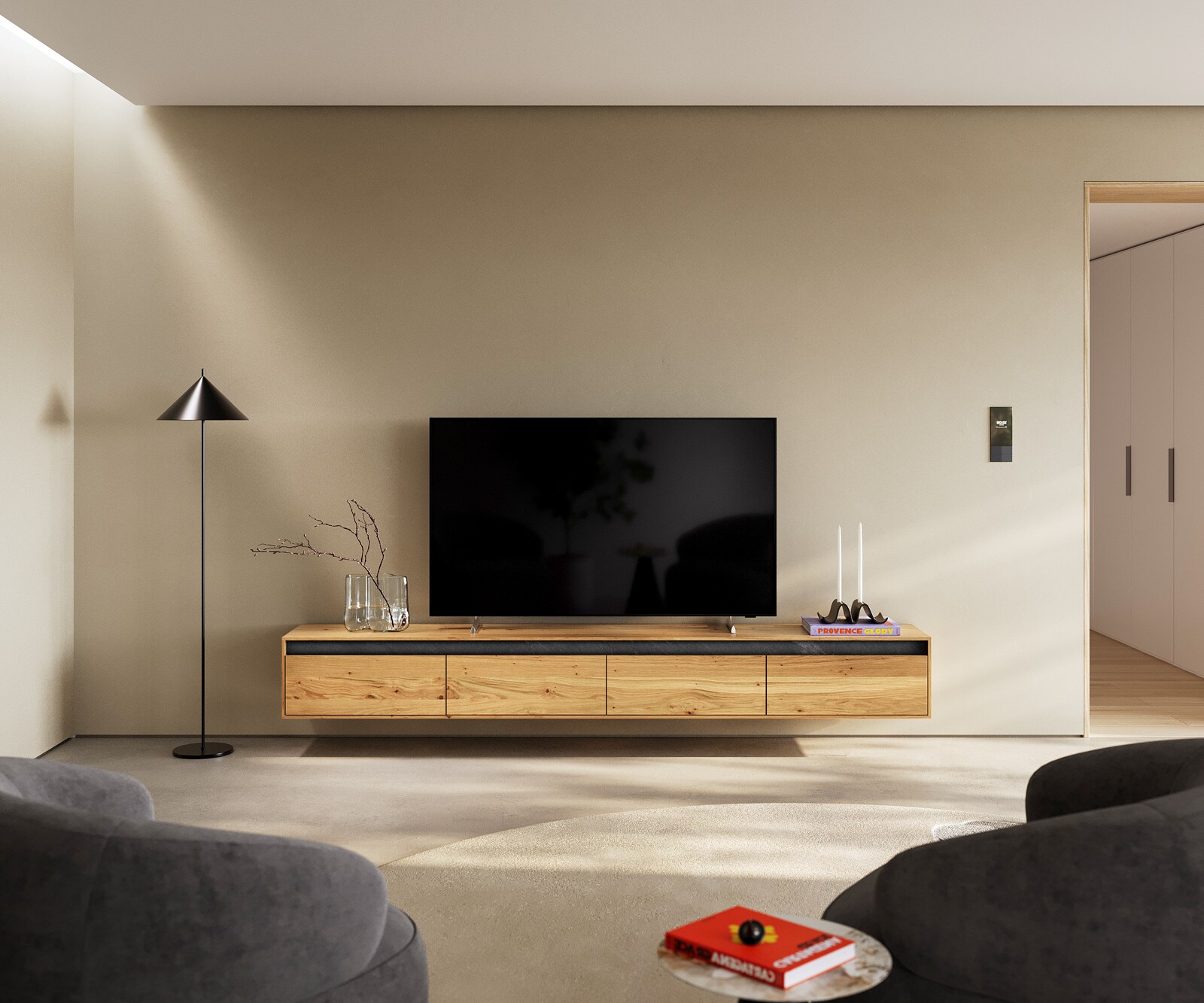 Ниска дъска Stonegrace 240 cm естествен дъб 4 врати плаващи 1