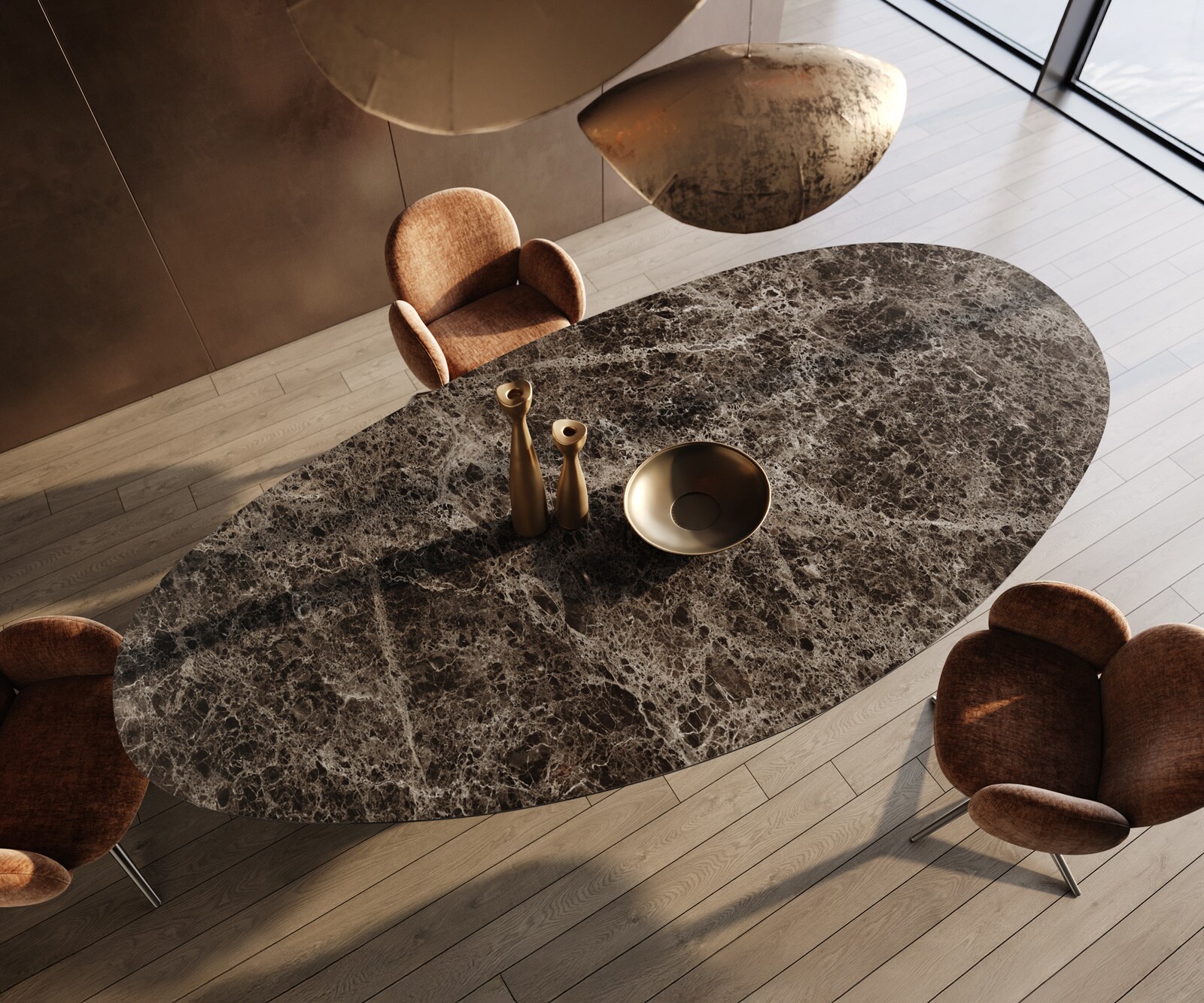 Трапезна маса Edge Oval 315x150 см, керамика Emperador Extra Lucidato, тъмнокафява, метална рамка W с титанов ефект 4
