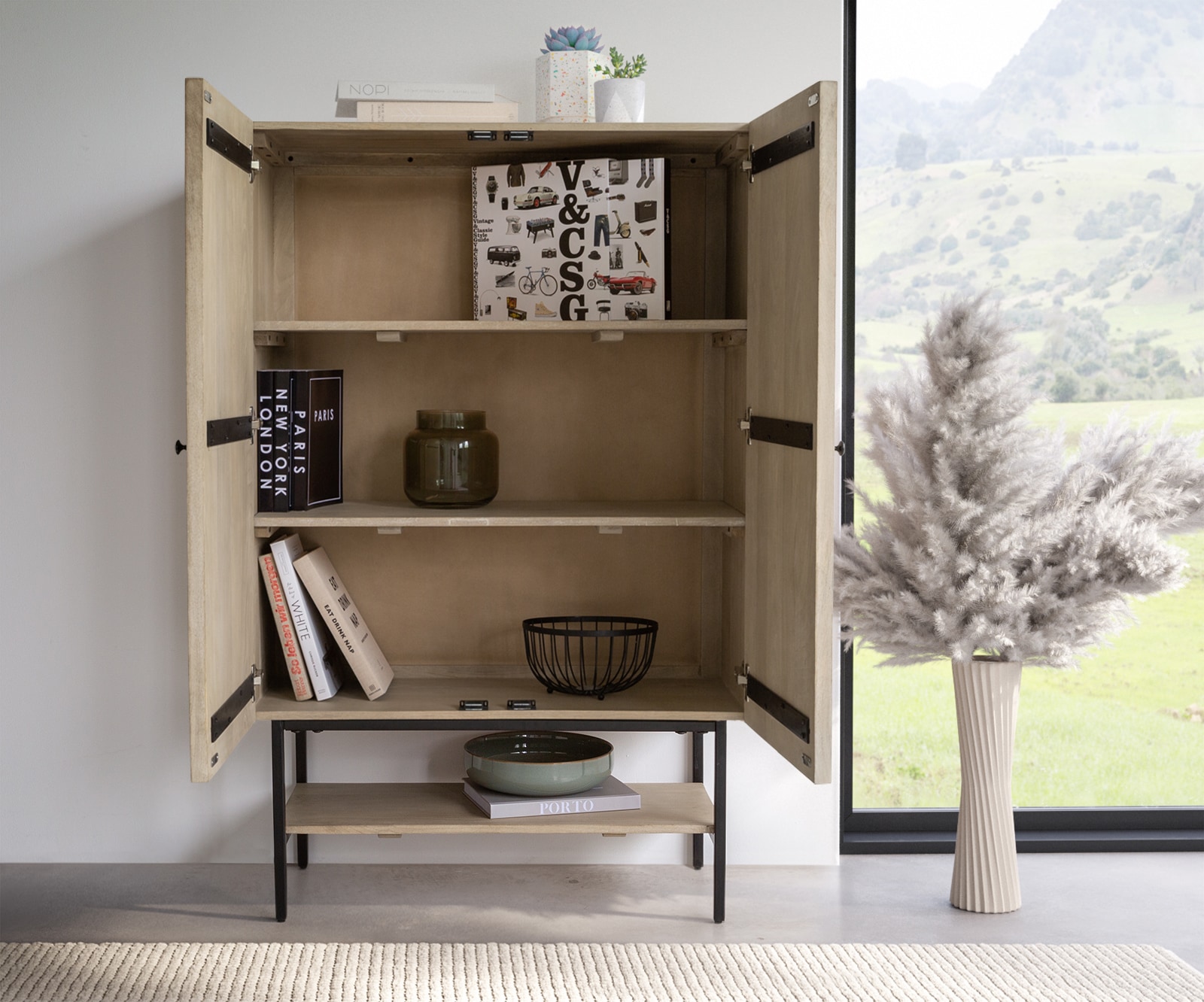 Висок шкаф 90x140 cm Манго Бял Избелен Метал Черен 2 Врати Nestos 3 Висок шкаф 90x140 cm Манго Бял Избелен Метал Черен 2 Врати Nestos 3