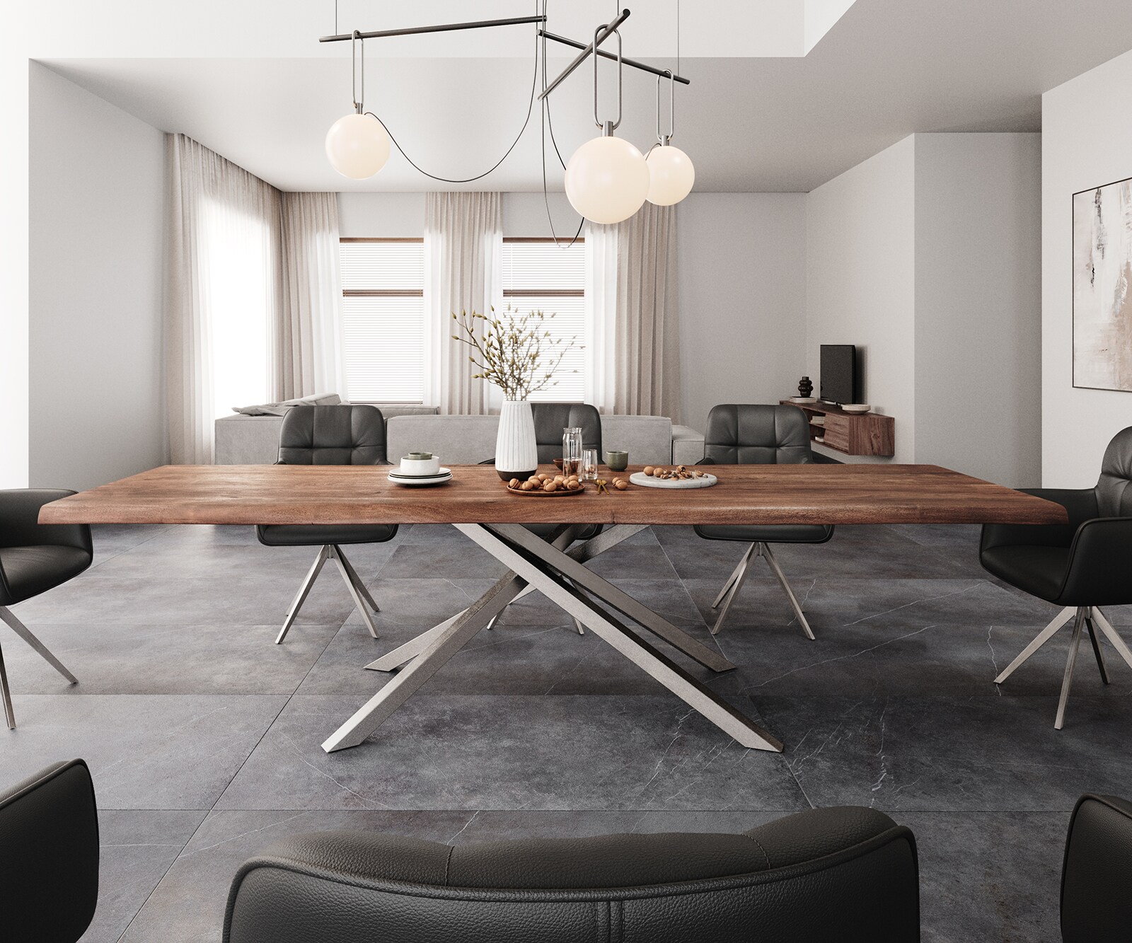 Трапезна маса Edge 300x100 XL от акация, кафява, с кръстообразна конструкция, правоъгълна, от неръждаема стомана, с естествени ръбове 1