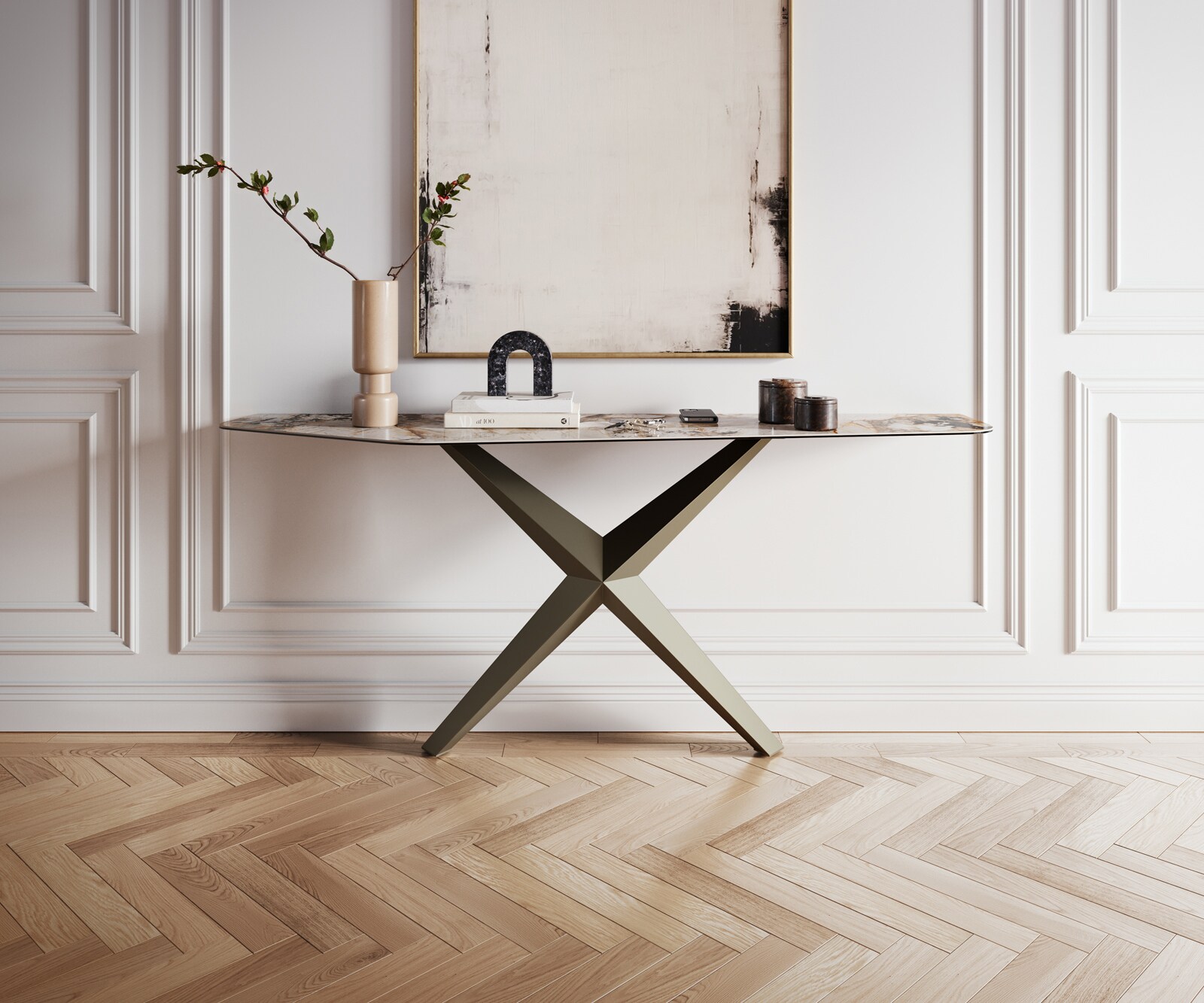 Конзолна маса Edge Polygonal 180x50 см, керамика Patagonia, полирана, Zentharo, метално покритие с ефект титан 1
