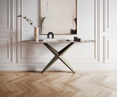 Конзолна маса Edge Polygonal 180x50 см, керамика Patagonia, полирана, Zentharo, метално покритие с ефект титан