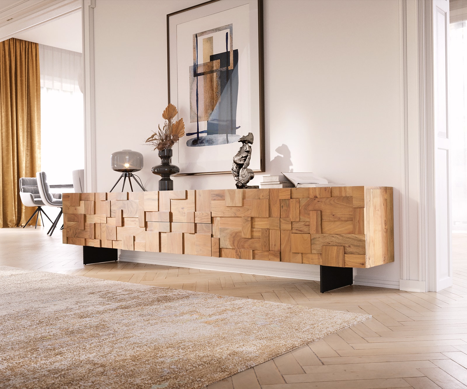 ТВ шкаф 260 cm 4 Врати 2 ЧекемеджеРафтächer Акация Натурал Крак висящ Метал Черен Puzzle ТВ шкаф 260 cm 4 Врати 2 ЧекемеджеРафтächer Акация Натурал Крак висящ Метал Черен Puzzle