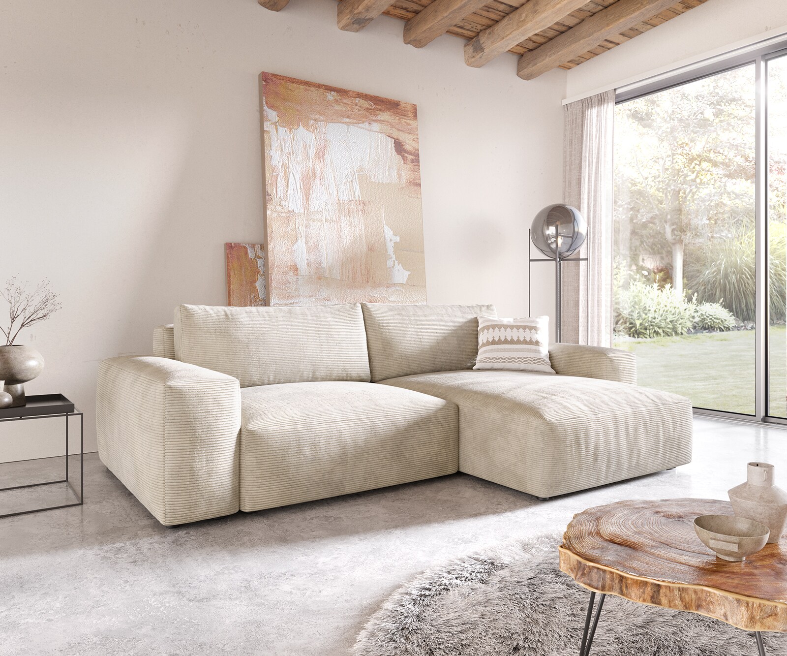 Ъглов диван Lanzo XL 270x180 см Рипс Бежов, Лява/Дясна Лежанка