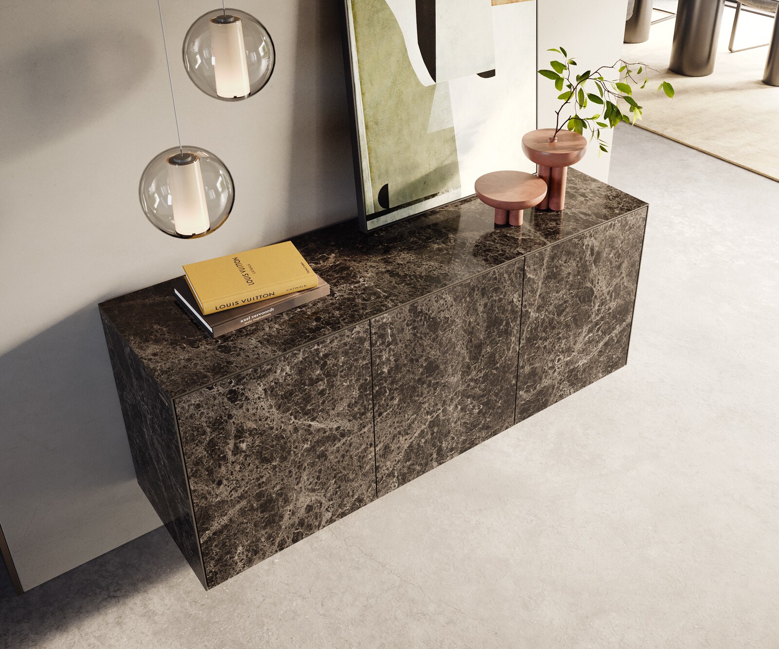 Стенен Бюфет Cuor 150 см Керамика Laminam® Emperador Extra Lucidato Тъмнокафяво 3 врати  4