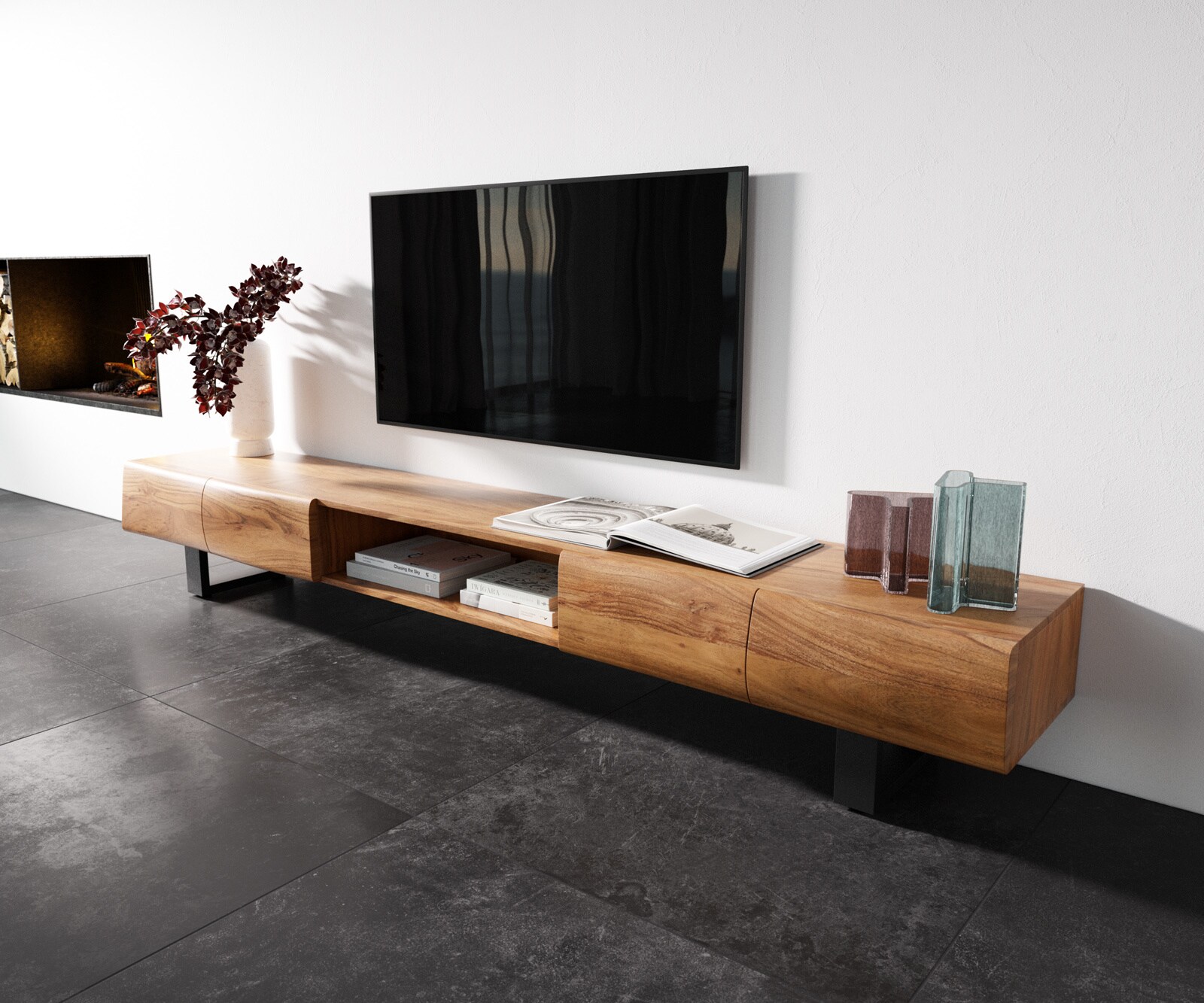Ниска дъска New Live-Edge 240 cm Acacia natural 4 вратички 1 рафт Плъзгащ се метал черен