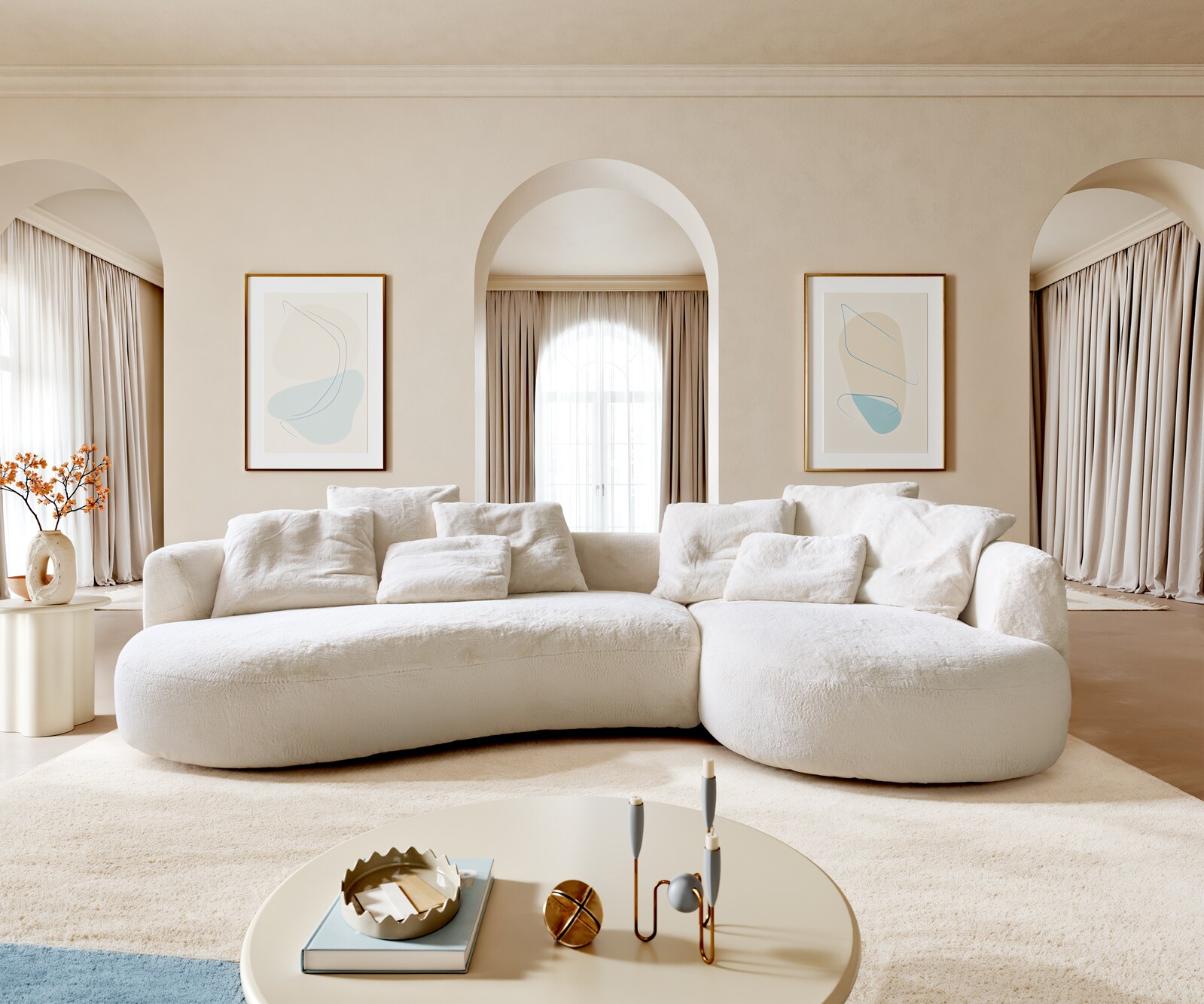 Голям диван Edina 330x170 cm плюшен кремаво-бял 1