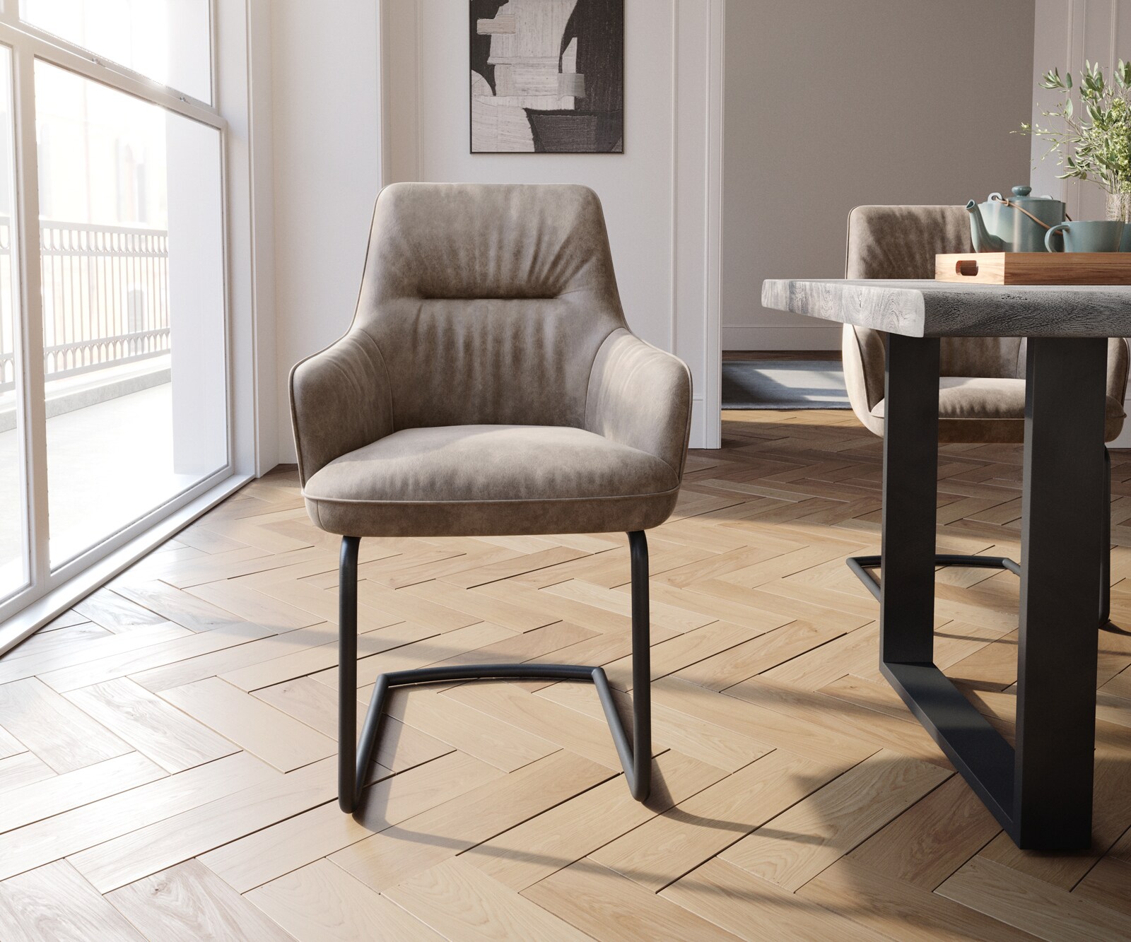 Люлеещ стол с подлакътници Таупе Винтидж Конзолен крак кръгъл Черен  Покет пружина Zelia-Flex 1