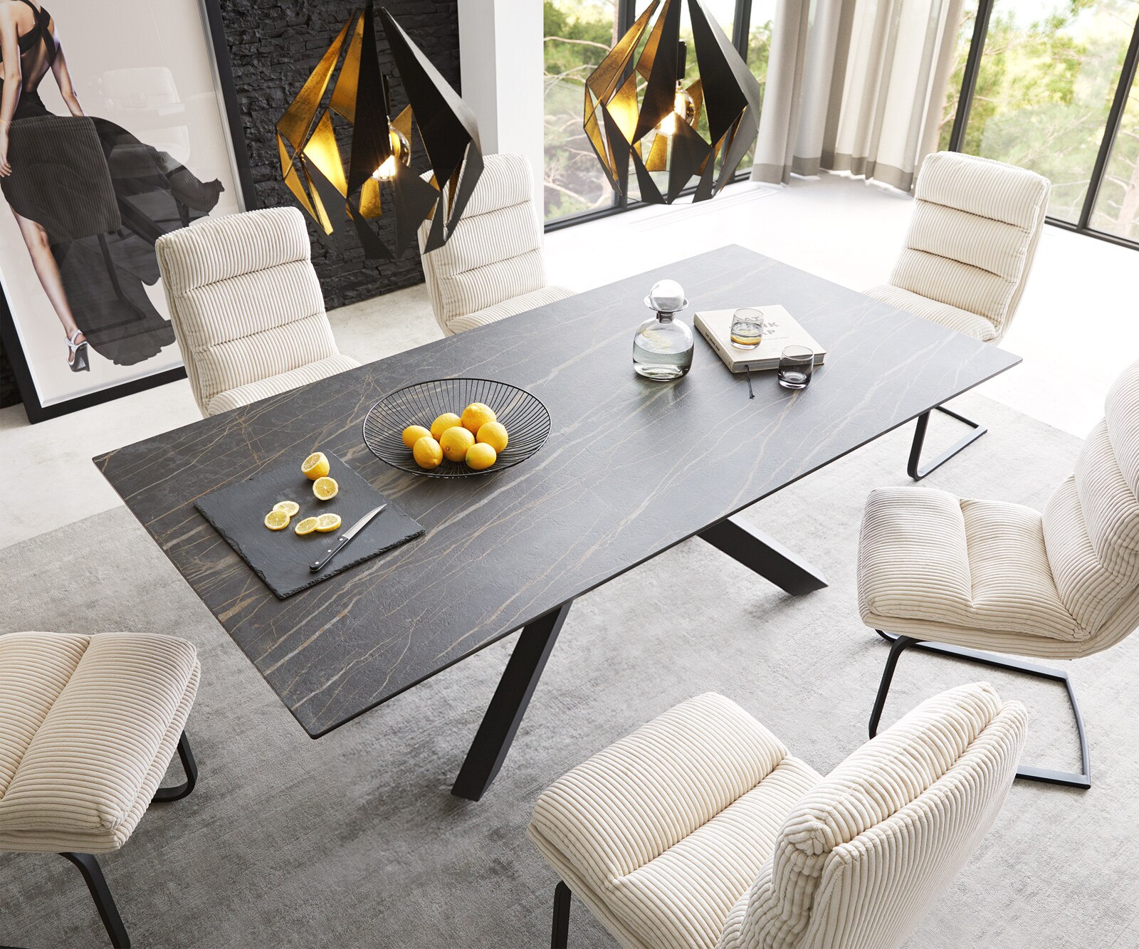 Маса 200x100cm Keramik Laminam®Noir Desir Кафяв среден крак Кръст Черен Edge 1
