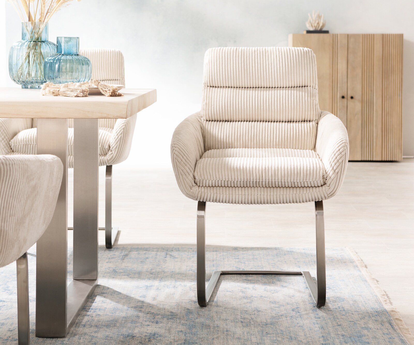 Люлеещ стол с подлакътници Корд Бежов Конзолен крак плосък Неръждаема стомана Abelia-Flex 1 Люлеещ стол с подлакътници Корд Бежов Конзолен крак плосък Неръждаема стомана Abelia-Flex 1