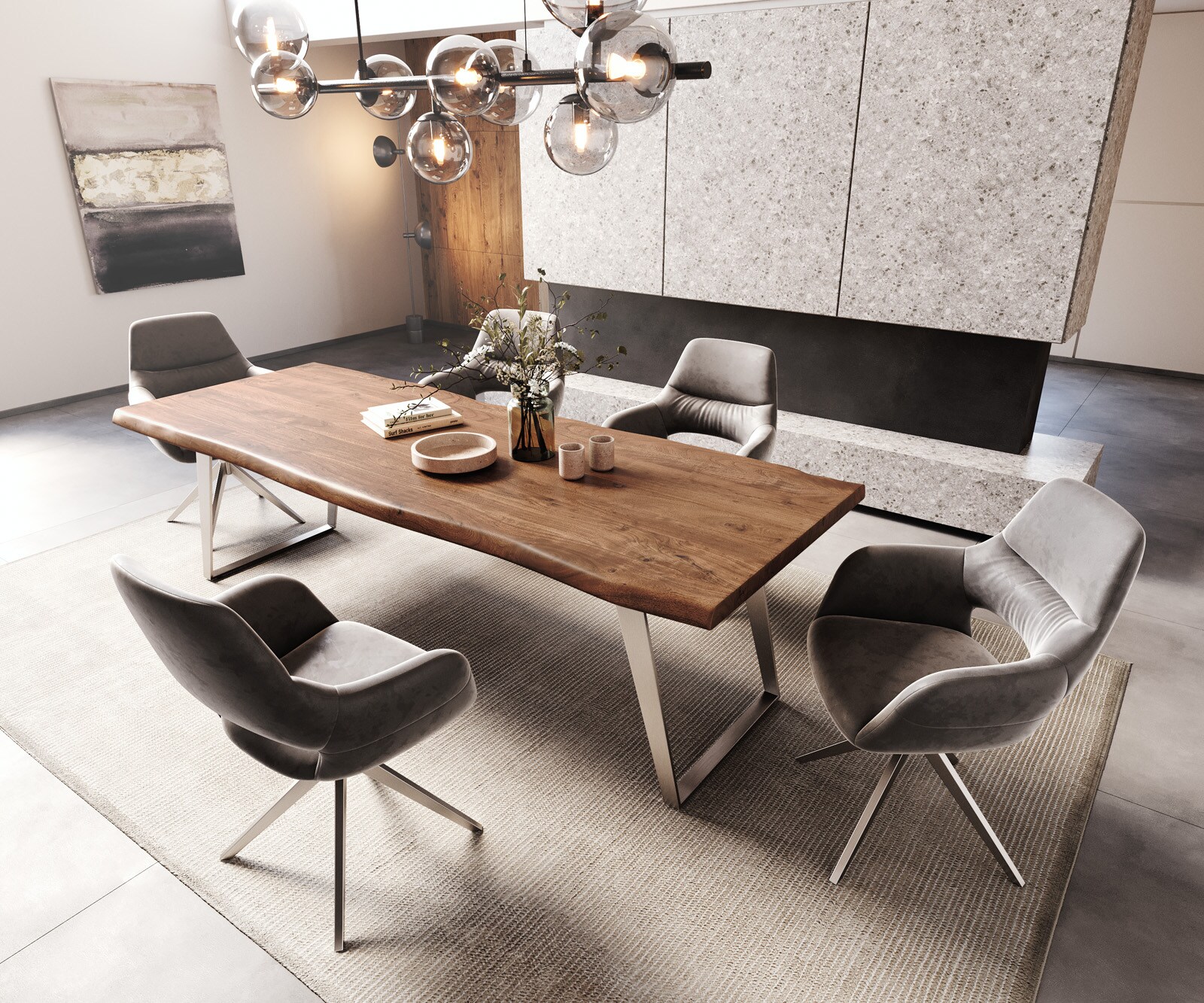Трапезна маса Edge 260x100 см XL, акация, кафяво, неръждаема стомана, сребристо, наклонена, с естествена кромка 5
