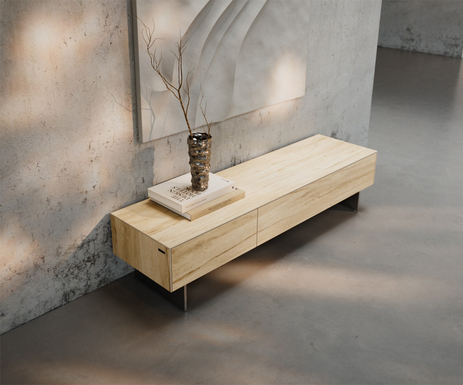 Ниска дъска Cuor 150 см Керамичен ламинат® Sabbia Дъбов цвят 1 капак 1 чекмедже Основа Плаващ вид неръждаема стомана 4