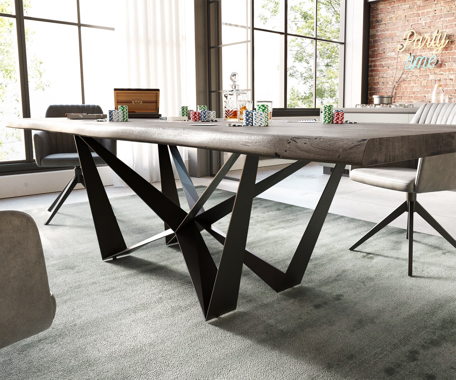 Трапезна маса Edge 260x100 XL от акация, „Платина“, „Спайдър“, плоска стомана в черно, с естествени ръбове 3