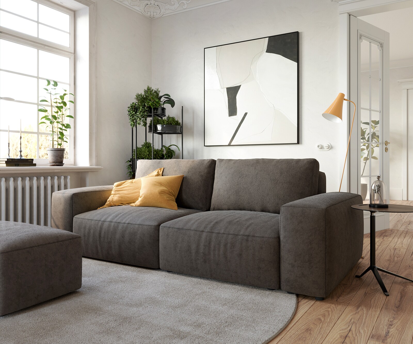 Голям диван L 230x95 cm Микрофибър Каки-Кафяв с табуретка Lanzo
