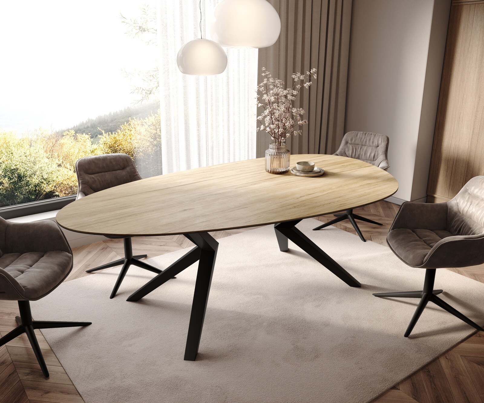 Трапезна маса Edge Oval 220x120, керамика Laminam „®“, цвят „Sabbia“ (дъбов), Zenthara, с остри ръбове, метал, черна 1